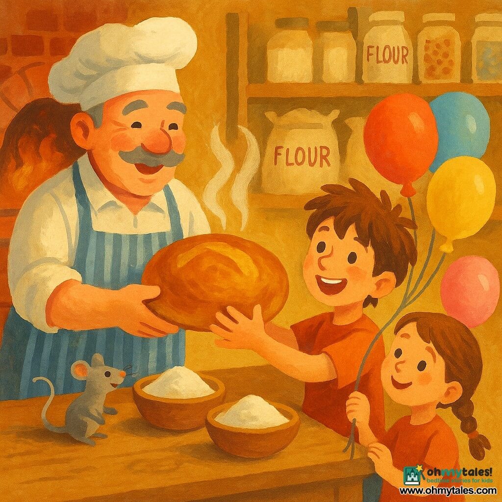 A smiling, kind baker Mr. Mill, round-faced with a gray mustache and striped apron, hands a large steaming golden loaf to a joyful 8-year-old boy, Sam, with messy brown hair and colorful balloons; nearby his 6-year-old sister Mia, small with a braid, smiles holding a pink balloon, while Pip the tiny gray mouse perches on the wooden counter by flour bowls; the warm bakery features a red brick oven with steam, wooden shelves of flour sacks and glass jars, hanging aprons and morning golden light through a large window, capturing the birthday-loaf moment—round shiny crust, rising steam, touching hands and happy faces—in a gouache palette of warm ochre, rust and cream with visible brush textures.