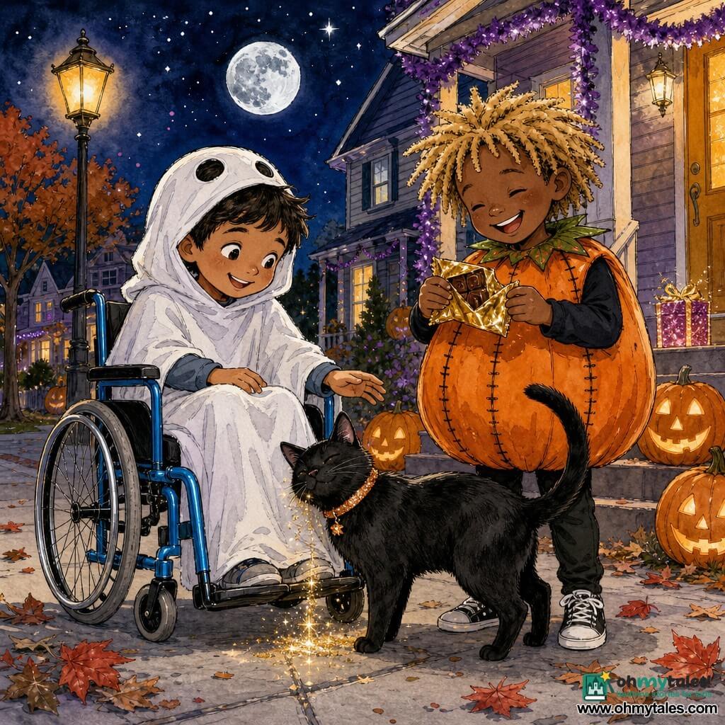 There are three characters: Tommy, a fair-skinned ~7-year-old with short brown hair in a white sheet ghost costume sitting in a blue-painted metal wheelchair at left, smiling and reaching toward the cat; Max, a fair-skinned ~7-year-old with tousled blond hair in a round orange pumpkin costume with black stitch rows, standing to Tommy’s right, chuckling and holding a half-open gold-wrapped chocolate; and a small black cat with a shiny coat and a sparkly orange collar at center-front, rubbing its head on the wheelchair wheel and leaving golden glitter on the sidewalk. The setting is a neighborhood street at night with a light-gray cement sidewalk strewn with brown and red autumn leaves, houses decorated with carved pumpkins and purple garlands, a lit porch in the background, a soft yellow streetlamp, and a dark sky with a silver moon and stars. The scene shows the boys discovering a small glittering gift box on Max’s doormat, sharing golden chocolates while the cat reveals a glitter trail leading to the box, creating a warm, magical, friendly atmosphere with visible colored ink strokes, fabric textures, and metallic chocolate reflections.