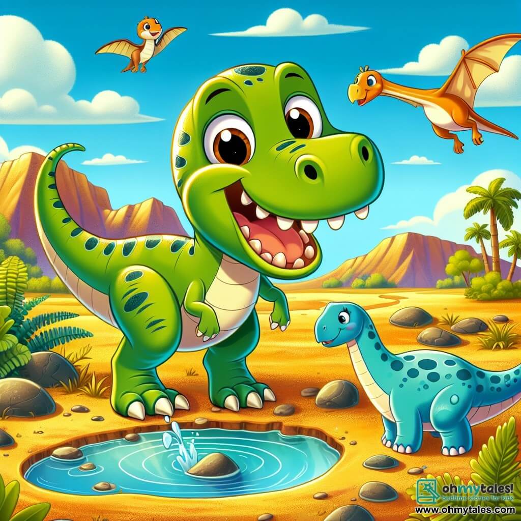 A young Tyrannosaurus Rex named Tino, with shiny green scales and big curious eyes, stands by a small pond. He looks joyful and determined, with a wide smile showing his small teeth. Next to him is a gentle Diplodocus named Della, with a long neck and light blue scales, leaning down to drink water, her eyes sparkling with kindness. In the background, a small orange Pteranodon named Penny flies happily in the blue sky, her wings spread and her expression playful. The landscape is a vast golden desert dotted with large green ferns and rounded rocks, under a sunny sky with a few white clouds. Tino and his friends have just discovered the pond, and they are all thrilled to share this moment of happiness together, surrounded by the beauty of nature.