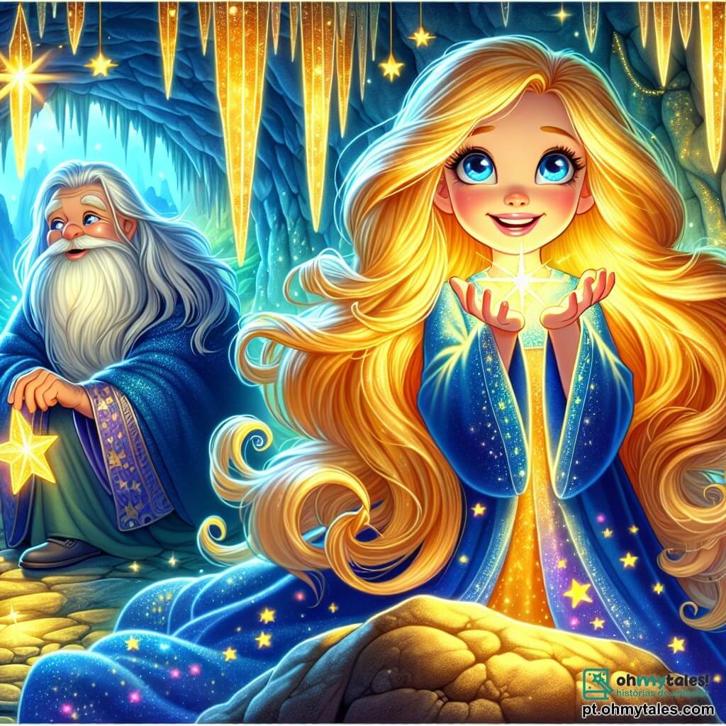 Uma jovem chamada Elin, com longos cabelos dourados brilhantes como o sol, está no topo da Montanha das Estrelas. Seu rosto expressa determinação e alegria, e seus olhos azuis brilham de excitação enquanto ela estende a mão para uma estrela dourada flutuante, iluminando seu rosto com uma suave luz. Perto dela, um velho sábio, um homem de cerca de 70 anos, com uma longa barba branca e olhos sábios, observa a cena com um sorriso benevolente. Ele veste uma túnica de tecido azul profundo, adornada com padrões de estrelas, e está ligeiramente afastado, apoiado em uma rocha. O local é uma caverna mágica, com paredes cintilantes de cristais e uma luz dourada que dança ao redor deles. Estalactites brilhantes pendem do teto, e o chão é coberto de suaves almofadas de musgo verde. A situação principal mostra Elin tocando a luz do norte, uma estrela brilhante que emite raios dourados, iluminando a caverna e preenchendo o ar com um calor reconfortante. A atmosfera é permeada de magia e esperança, simbolizando o retorno da luz ao mundo.