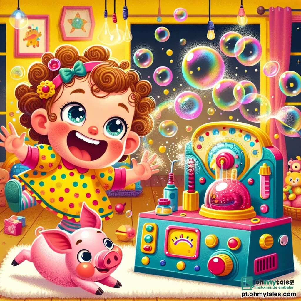 Uma menina de 4 anos, Lili, com grandes olhos brilhantes e cabelos cacheados, está rindo alto. Ela usa um vestido colorido de bolinhas e segura um botão vermelho da sua máquina de invenções, cercada por bolhas de sabão que flutuam ao seu redor. Ao lado dela, seu amigo Pipo, um travesso porquinho rosa com grandes orelhas, desliza pelo chão, com as patas para cima e um largo sorriso no rosto. O cenário é uma sala de estar acolhedora, cheia de brinquedos, com um tapete macio e paredes pintadas de amarelo vibrante. Uma máquina estranha e colorida, cheia de botões e luzes piscantes, está no centro da sala, soltando bolhas de sabão gigantes. A cena principal mostra Lili e Pipo em plena ação, rindo e tentando pegar as bolhas de sabão que saem da máquina, criando uma atmosfera alegre e divertida.