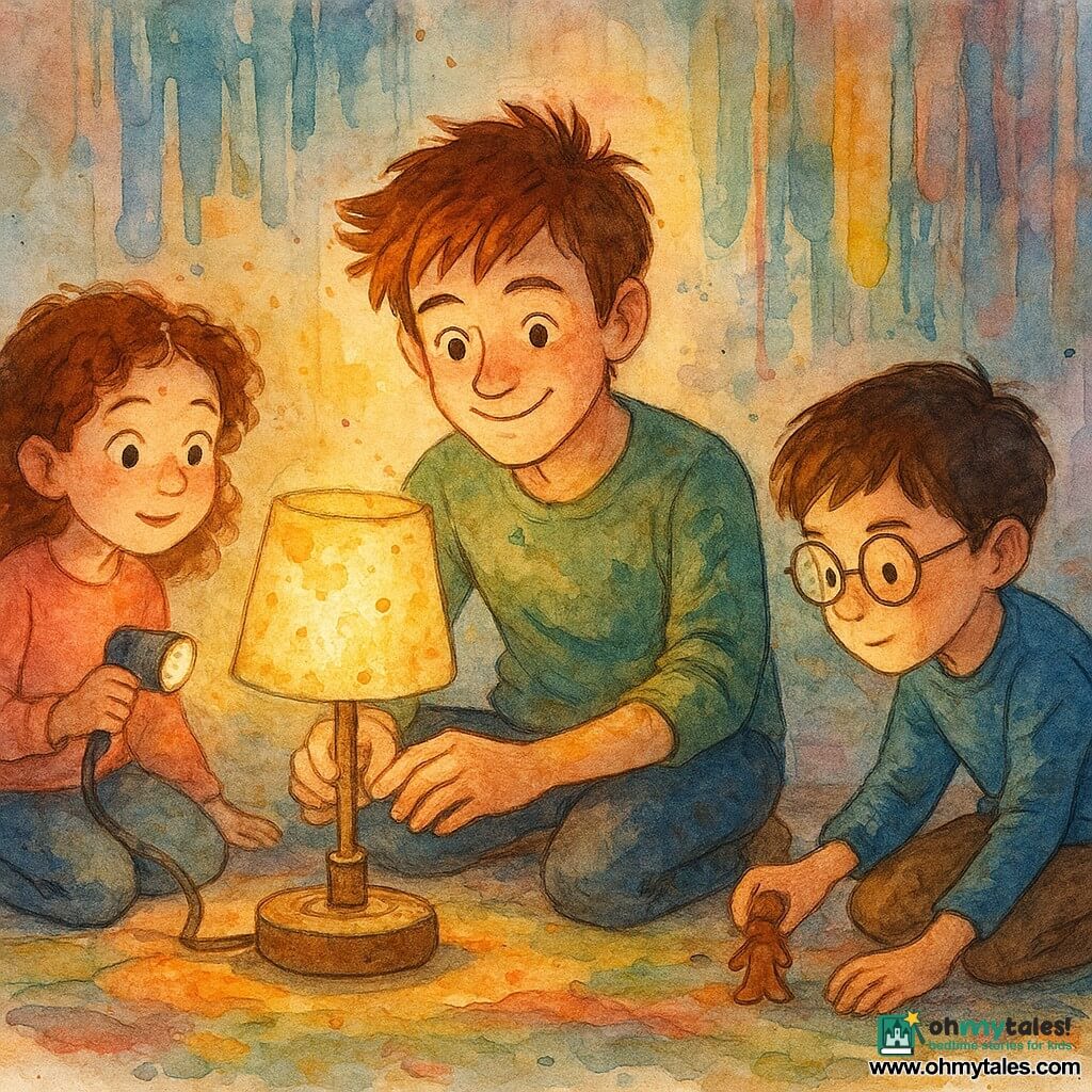 A young man, Theo, with tousled hair like brush strokes, smiles calmly. He is crouched near a makeshift lamp, his eyes sparkling with creativity. Next to him, a 9-year-old girl, Mina, with curly hair and rosy cheeks, holds a flashlight and observes intently. A 10-year-old boy, Luis, with round glasses and a focused expression, adjusts a small clay figure on the floor. The room is the Soft-Echo Room, filled with dim lights, colorful rugs, and thread curtains hanging like waves. The main scene shows Theo and the children repairing a lamp, creating an artistic workshop atmosphere where every detail shines with ingenuity and collaboration.