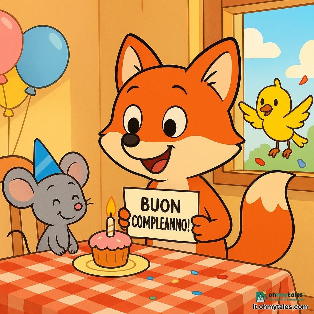 Un piccolo volpe rossa dal pelo soffice e lucente, occhi tondi ed espressivi, coda arrotondata e sorriso ampio con guance rosate, in piedi accanto a un tavolo di legno mentre tiene un biglietto “Buon compleanno!” e annusa curiosa; una piccola topo grigio dalle grandi orecchie, felice e timida, con un mini cappello di festa blu tiene una tortina con una candela alla sinistra della volpe sul tavolo; un uccellino giallo gioioso con ali aperte è posato sul davanzale della finestra a destra e lascia cadere un confetto; cucina calda e luminosa con tavolo in legno chiaro e tovaglia a quadri rossi e bianchi, finestre aperte con luce dorata del mattino, palloncini pastello legati allo schienale di una sedia e piccoli confetti sul tavolo; scena principale: mattina di compleanno a sorpresa, la volpe scopre il biglietto e sorride stupita mentre il topo porta la torta e l'uccellino lancia i confetti, colori vivaci, linee morbide e forme rotonde.