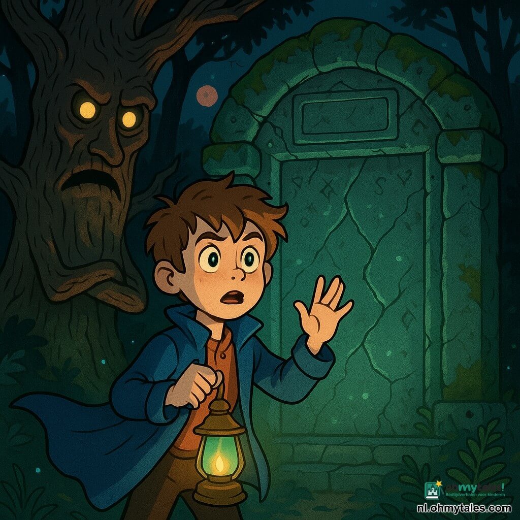 Een 10-jarig jongen met rond gezicht, warrig lichtbruin haar en grote groene ogen, dapper maar licht bezorgd, houdt een kleine olielamp die warm geel licht werpt; hij staat voor een oude met mos bedekte stenen deur, hand opgeheven alsof hij een rijm uitspreekt, zijn blauwe mantel waait; links van de deur staat een oude eik met mensachtige gebeeldhouwde kenmerken, holle gloeioogjes en gespleten mond, takken als opgetrokken armen boven de jongen; de brede, gebarsten deur is gegraveerd met vervaagde symbolen en een leeg stuk voor een ontbrekende inscriptie en straalt zwak groen licht uit; decor: donker dicht bos 's nachts met zwarte stammen, vochtige varens, lichte grondmist, blauwgroene vuurvliegjes en een zwakke oranje volle maan; sfeer: mysterieus en licht eng, sterke contrasten tussen diepe schaduwen en warme/ groene lichtaccenten, gecentreerde compositie, duidelijke stijl, verzadigde kleuren en scherpe expressieve lijnen.