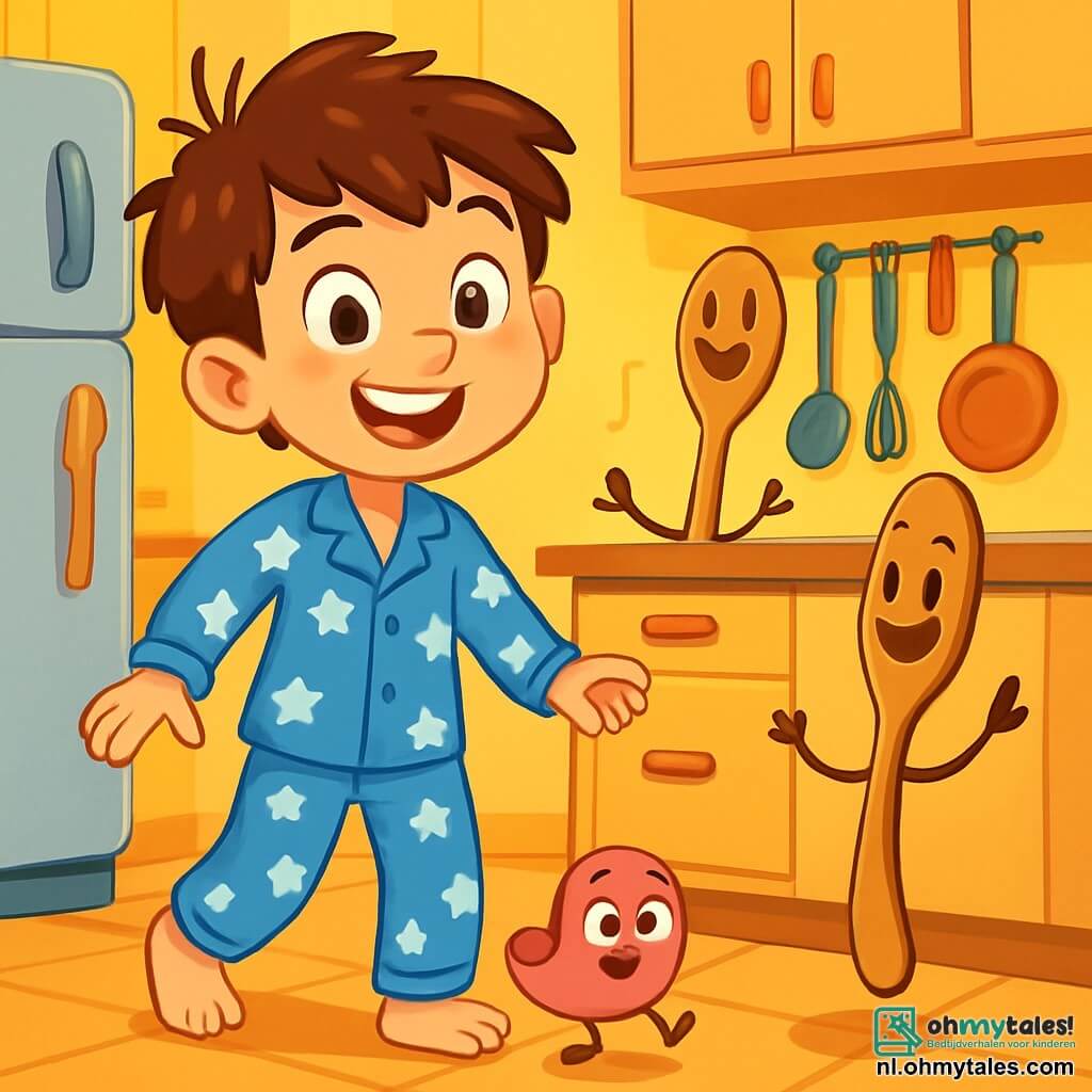 Een 8-jarig jongetje met rommelig bruin haar en nieuwsgierige ogen staat in een heldere keuken. Hij draagt een blauwe pyjama met witte sterren en zijn gezicht straalt blijdschap en een lichte verrassing uit. Naast hem danst een kleine roze pantoffel met ronde ogen en een glimlach vrolijk op de betegelde vloer. Op het aanrecht zwaait een houten pollepel met een ondeugende blik zijn armen als een dirigent. De keuken is gevuld met felle kleuren: gele muren, lichte houten kasten en kleurrijke keukengerei die glinsteren in het licht. Een grote zilveren koelkast staat op de achtergrond, iets open, waardoor een danseres in de vorm van een wortel met een bril zichtbaar is. De scène toont het jongetje en zijn vrienden, de keukengerei, die samen dansen en zingen, wat een feestelijke en magische sfeer creëert, vol lachen en vreugde.