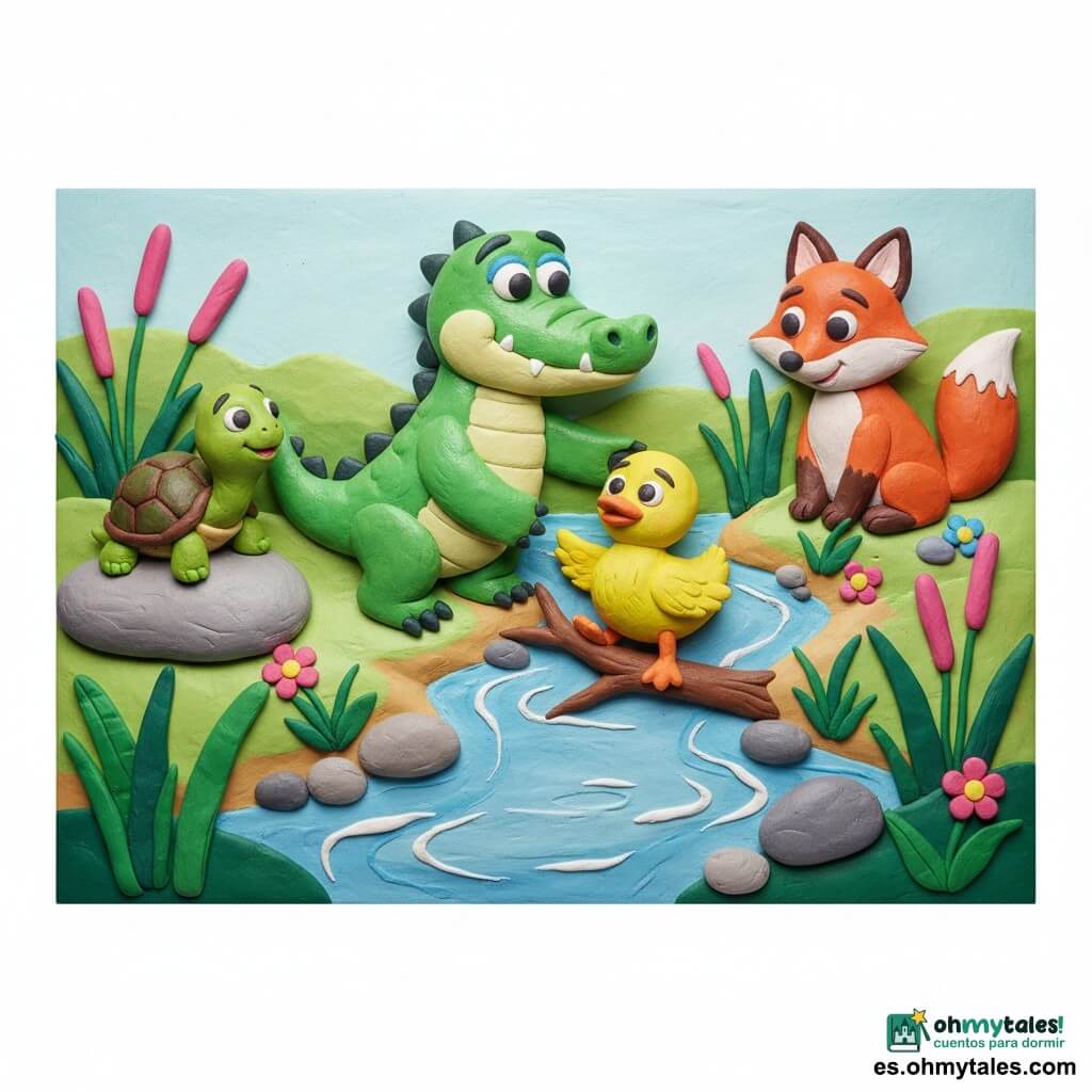 Un pequeño cocodrilo verde brillante de plastilina, ojos redondos y sonrisa benevolente, extiende una pata para liberar a un patito amarillo atrapado en una rama; una tortuga de caparazón marrón y verde está algo atrás sobre una piedra, un zorro rojizo sentado en la orilla derecha observa agradecido; orilla de arcilla colorida con juncos y agua azul claro con reflejos, guijarros y flores simples; momento de rescate amistoso con atmósfera luminosa, colores vivos, texturas y huellas de dedos visibles, composición centrada en el acto de ayuda.