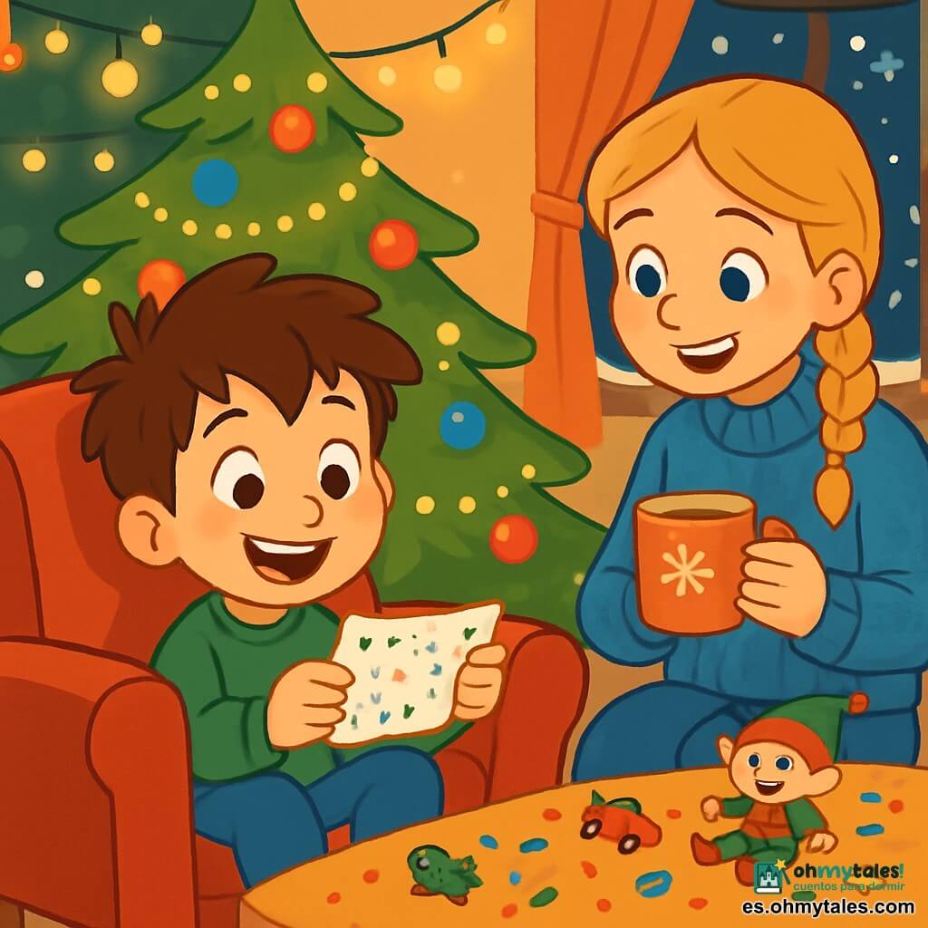 Un niño de 6 años, llamado Pablo, con el cabello castaño despeinado y ojos brillantes de curiosidad, está sentado en un gran sillón rojo cerca de un árbol de Navidad. Sonríe maravillado, sosteniendo un pequeño papel de colores en sus manos. A su lado, su hermana de 8 años, con trenzas rubias y un suéter de lana azul, lo mira con una sonrisa cómplice, sosteniendo una taza de chocolate caliente. La sala está decorada con guirnaldas brillantes y bolas de colores, con un gran árbol iluminado en el centro, mientras copos de nieve caen suavemente fuera de la ventana. La habitación es acogedora, llena de luces suaves y el aroma de galletas navideñas. Pablo descubre un mensaje misterioso del duende travieso, rodeado de confeti y pequeños juguetes esparcidos, mientras su hermana ríe al ver las sorpresas.