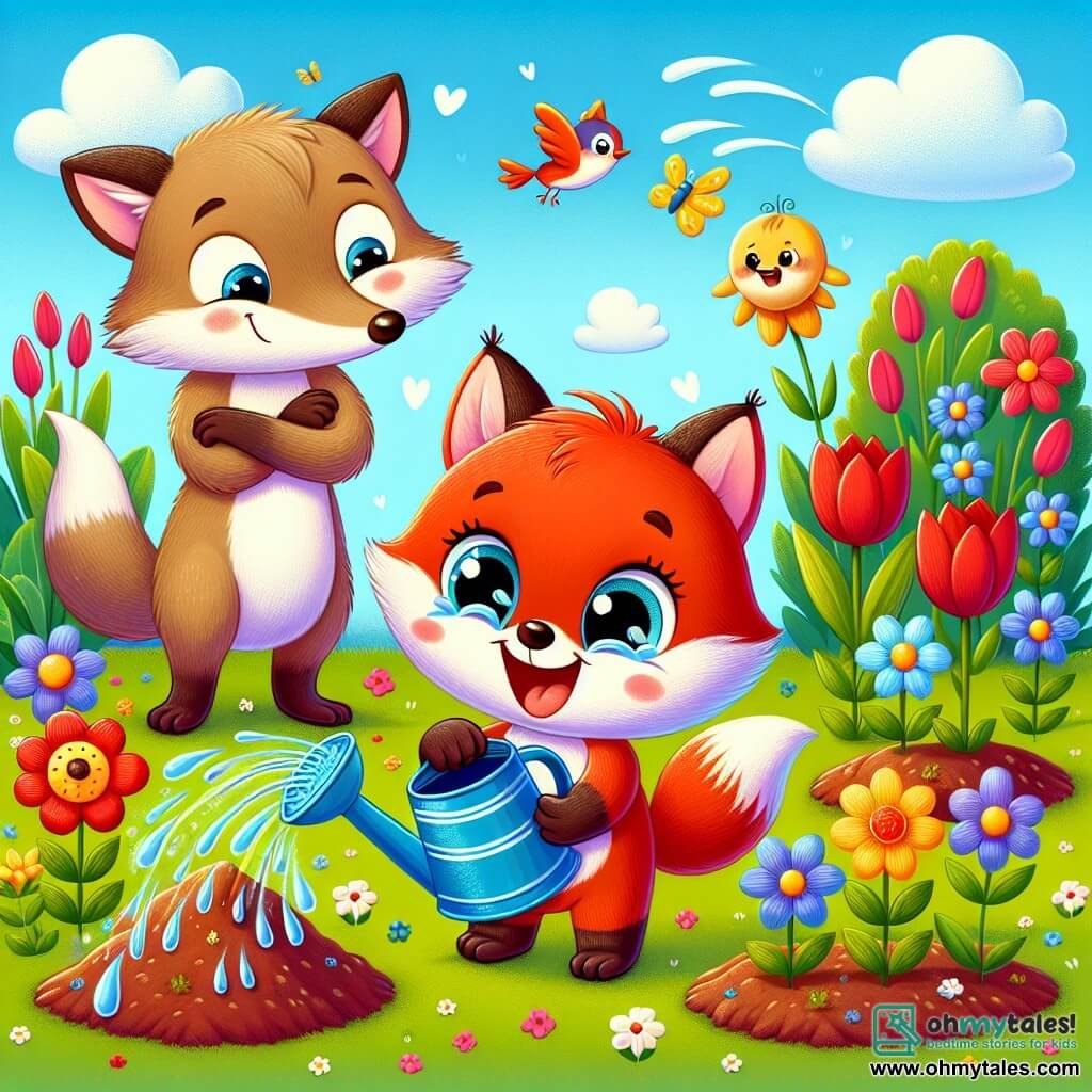 A little fox named Freddy, with bright red fur and big sparkling eyes, is watering flowers in a sunny garden. He is smiling widely, his little paws raised enthusiastically. Next to him, his mom, a gentle vixen with silky fur and affectionate eyes, encourages him with a smile while holding a colorful watering can. His dad, an older fox with slightly graying fur, watches proudly with his arms crossed, standing near a pile of fresh soil. The garden is filled with colorful flowers, including red tulips, yellow daffodils, and blue cornflowers, under a light blue sky dotted with fluffy white clouds. Birds are joyfully singing in the nearby trees, and butterflies are dancing around the flowers. Freddy and his parents are working together to make their garden beautiful, laughing and having fun while planting seeds and watering the flowers.