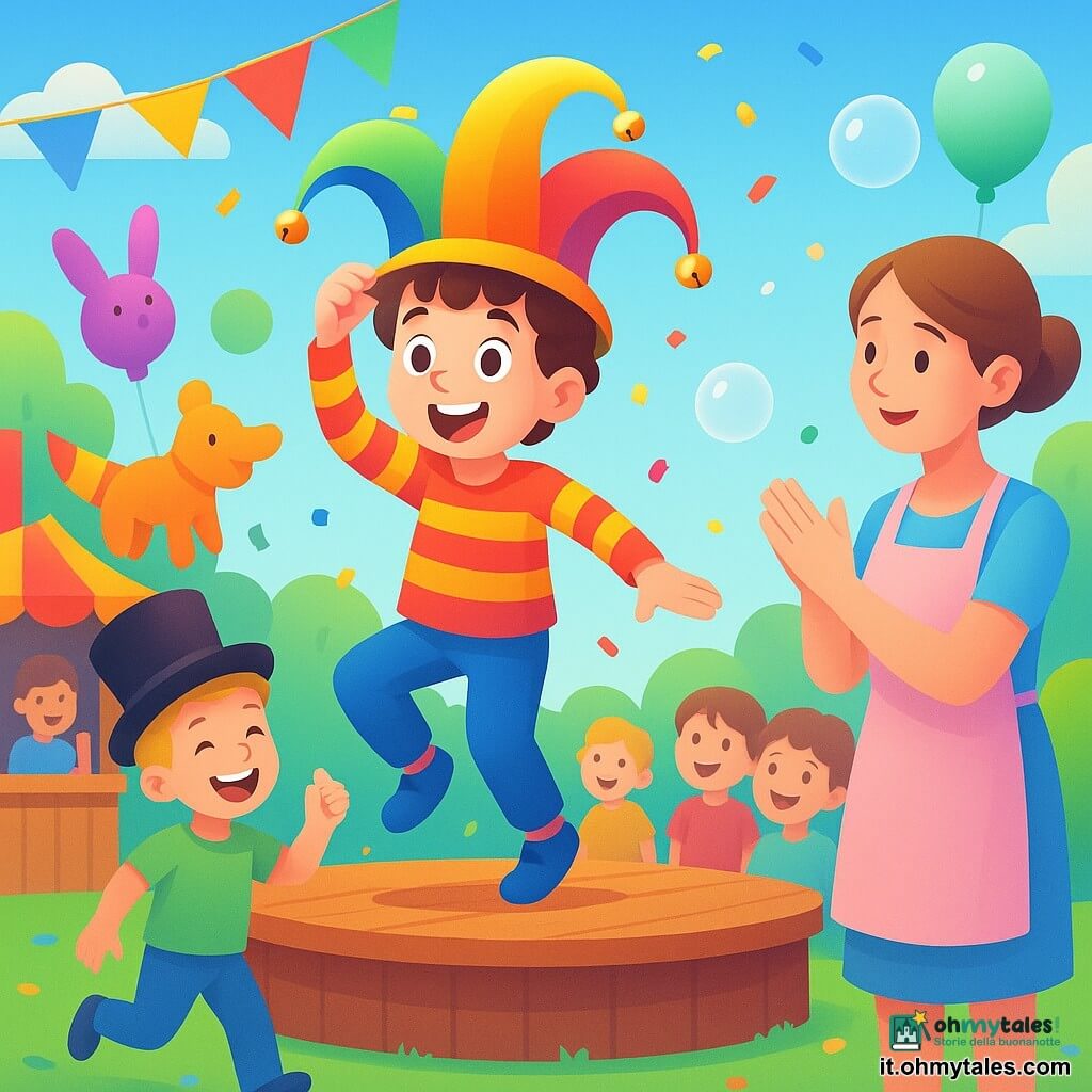 Un bambino di 8 anni, gioioso e sorpreso, indossa un grande cappello da buffone multicolore con sonagli brillanti, ha capelli castani ricci, occhi grandi e ridanciani, una giacca a righe rossa e gialla e danza su un piccolo palco di legno facendo tintinnare il cappello; una donna adulta (la mamma), circa 30–35 anni, sorridente e attenta, capelli castani raccolti, con un grembiule pastello, sta sul bordo del palco applaudendo con orgoglio; un amico di 8 anni, Luca, capelli biondi corti, tiene un grande cilindro nero e ride saltellando accanto al palco; il luogo è un parco soleggiato con prato verde, festoni, palloncini e bancarelle; la scena mostra una parata gioiosa e comica: il bambino sul palco balla in modo burlesco mentre la mamma applaude e l'amico ride, circondati da bambini sorridenti sotto un cielo azzurro.