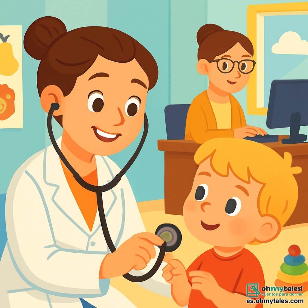 La doctora Sofía, una mujer sonriente de unos treinta años, lleva una bata blanca brillante y un estetoscopio alrededor del cuello. Sus ojos brillantes y su cabello castaño recogido en un moño añaden a su encanto. Está examinando a un niño de 6 años, con cabello rubio y mejillas sonrosadas, que la mira con curiosidad y una ligera sonrisa. Junto a ellos, una recepcionista de unos cincuenta años con gafas y un moño ordenado escribe en su computadora mientras observa la escena con una mirada amable. La clínica es luminosa y acogedora, con paredes pintadas de azul pastel, carteles coloridos de frutas y animales, y juguetes esparcidos por el suelo. En un rincón, una gran ventana deja entrar la luz del sol, iluminando la habitación. La situación principal muestra a la doctora Sofía tranquilizando al niño, mostrándole su estetoscopio con una gran sonrisa, mientras el niño, intrigado, toca el aparato con sus pequeñas manos.