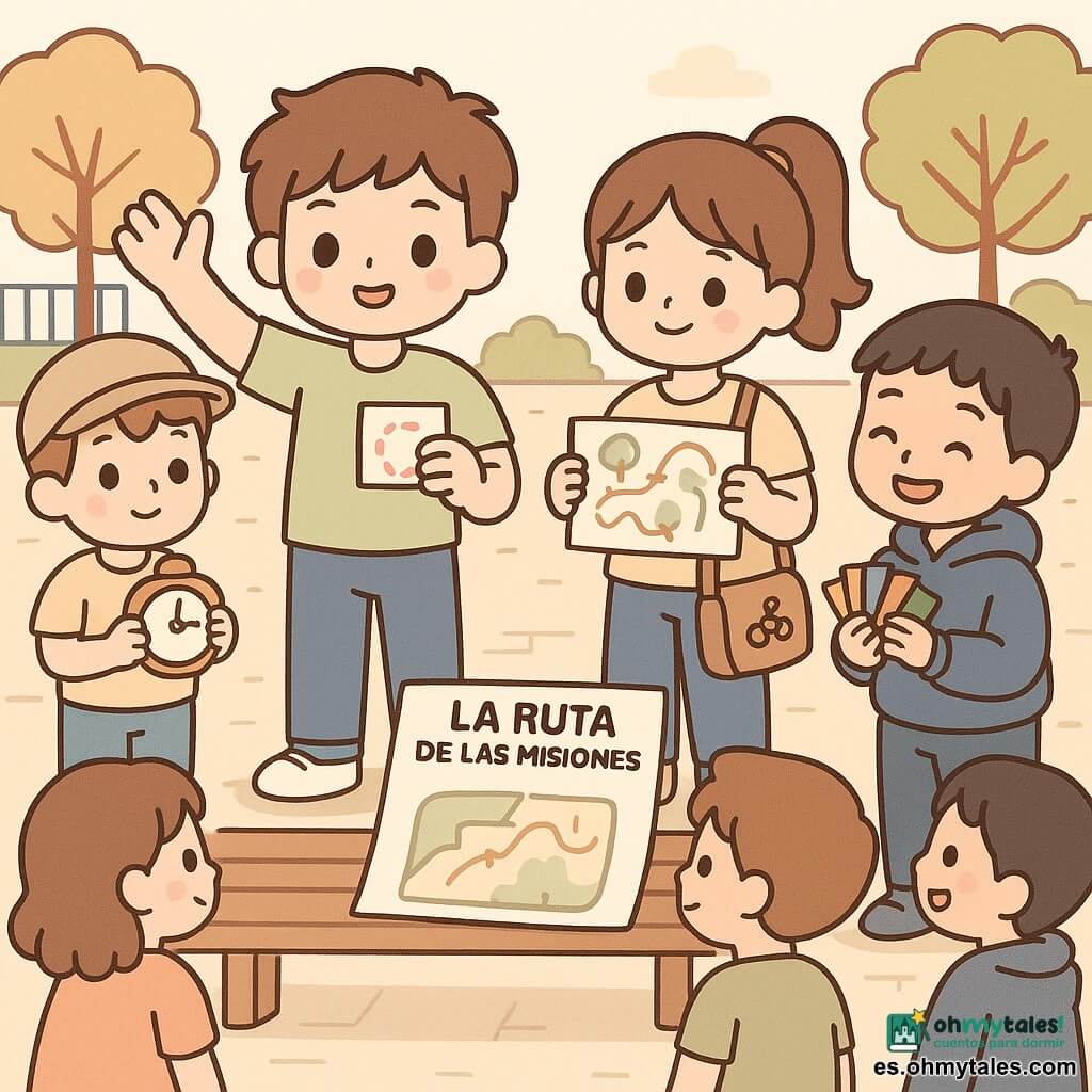 Un niño de 10 años, rostro dulce y ojos brillantes, expresión decidida y tranquilizadora, pelo castaño despeinado, camiseta verde claro y vaqueros, sostiene una pequeña carta de misión y levanta la otra mano indicando "nos detenemos si alguien se hiere"; una niña de 10 años (Nora), pelo castaño recogido en coleta alta, sonrisa serena, con una bolsita de bicicleta dibujada, muestra un pequeño plano del juego sobre un banco, de pie junto al niño; un niño de 10 años (Dani), pelo corto, mirada orgullosa pero algo dubitativa, con gorra, sostiene un viejo despertador como "guardian del tiempo", ligeramente atrás listo para ayudar; un niño de 10 años (Sam), uñas pintadas de azul, sudadera con capucha amplia y sonrisa contenida, agita un paquete de cartas coloridas junto a la fuente; alrededor, otros niños de 6 a 12 años forman un pequeño círculo, algunos sentados en el banco, otros agachados cerca de la fuente, rostros curiosos y cálidos; escenario: patio de la escuela por la mañana con suelo empedrado claro, banco de madera, pequeña fuente redonda con chorros suaves, árboles jóvenes con hojas coloreadas y un portal azul al fondo; presentación del juego La Ruta de las Misiones: cartas coloridas, pequeño plano en papel, gestos de escucha y benevolencia, ambiente luminoso, colores pastel, formas sencillas y redondeadas, sensación colectiva de ayuda e inclusión.