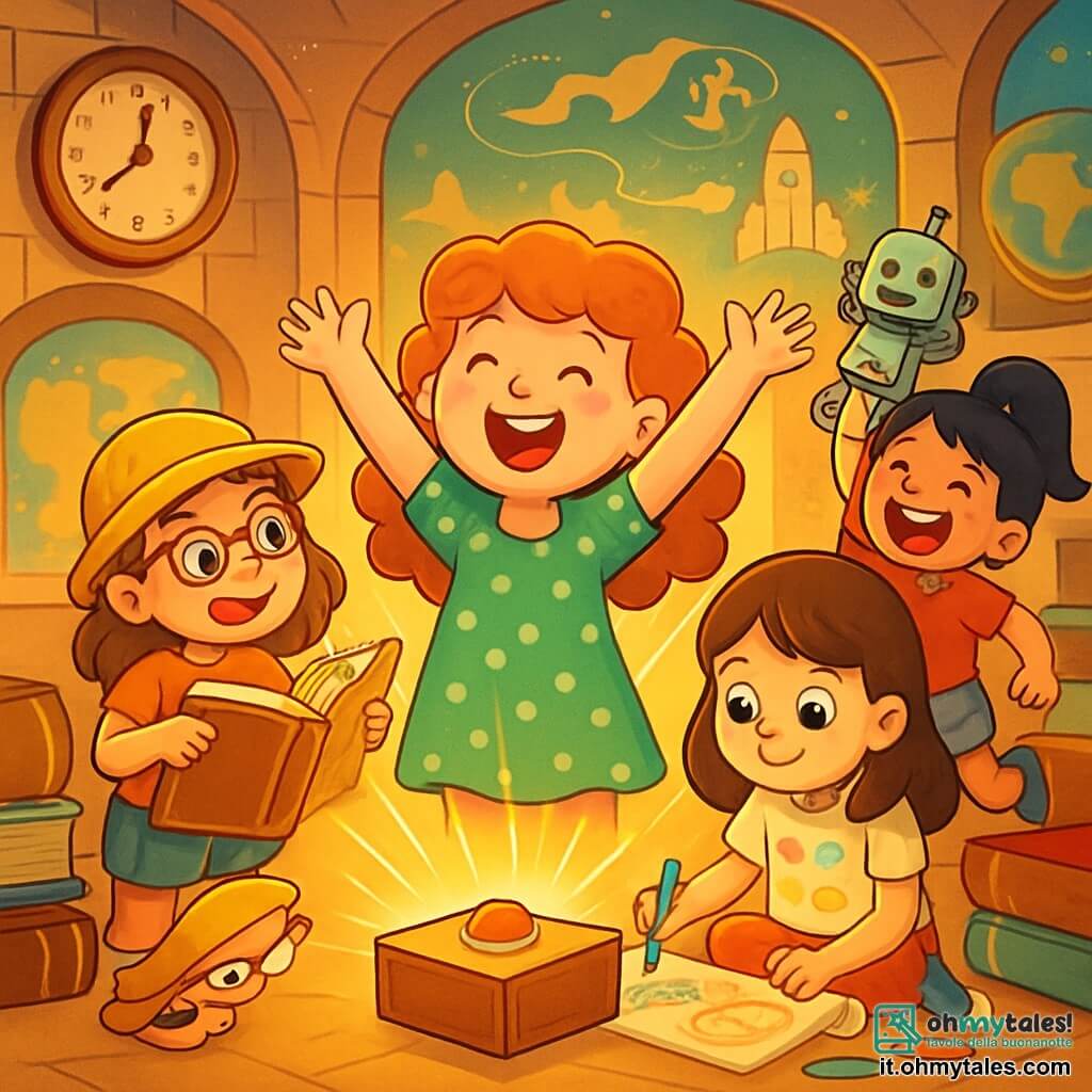 Ci sono 4 bambini: - Sofia: una ragazza di 8 anni, con capelli rossi e ricci, indossa un vestito verde a pois. È in piedi al centro, con le braccia alzate e un grande sorriso, guardando il cielo. - Marta: una ragazza di 8 anni, con un piccolo cappello giallo e occhiali da sole. È a sinistra di Sofia, mentre indica un grande libro antico che tiene in mano. - Giulia: una ragazza di 8 anni, con capelli castani e lisci, indossa una maglietta con disegni colorati. È a destra di Sofia, seduta per terra, disegnando su un rotolo di carta con dei colori. - Lucia: una ragazza di 8 anni, con capelli neri e una lunga coda di cavallo, indossa un pantaloncino di jeans. È dietro Sofia, saltando di gioia con un piccolo robot di metallo in mano. La scena si svolge in una sala magica piena di orologi antichi, mappe colorate e libri giganteschi, con pareti decorate da affreschi che rappresentano viaggi nel tempo, illuminata da una luce dorata che crea un'atmosfera incantata. I bambini stanno scoprendo una scatola misteriosa con un pulsante rosso, circondati da una luce splendente, eccitati e curiosi di vivere un'avventura incredibile nel tempo.