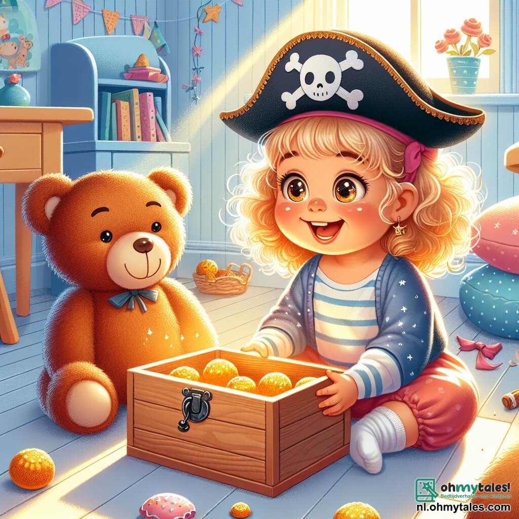 Een 2-jarig meisje, Lotte, met grote glanzende ogen en krullend bruin haar, draagt een papieren piratenhoed en heeft een stralende glimlach op haar gezicht. Ze zit onder een tafel en houdt een houten doos vast die vol zit met nep "gouden taarten", met een uitdrukking van blijdschap en opwinding. Naast haar zit haar trouwe metgezel, een bruine knuffelbeer, die er net zo enthousiast uitziet met een kleine geborduurde glimlach op zijn gezicht. De scène speelt zich af in een kleurrijke kinderkamer, met lichtblauwe muren, speelgoed verspreid over de vloer en zachte kussens rond de tafel. Een zonnestraal valt door het raam en verlicht de kamer, wat een warme sfeer toevoegt. Lotte ontdekt een mysterieuze doos onder de tafel, denkend dat deze een schat bevat, en deelt haar vreugde met haar knuffelbeer, waardoor een magisch moment van avontuur en verbeelding ontstaat.