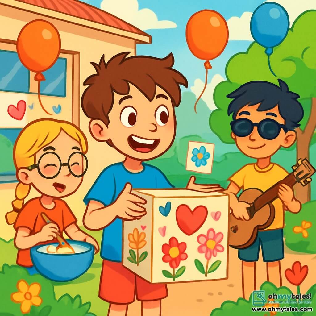 A 10-year-old boy, Max, with messy brown hair and sparkling eyes, stands at the center of the stage. He wears a bright blue t-shirt and red shorts, smiling excitedly while holding a large cardboard decorated with colorful drawings for Mother's Day. Next to him, his best friend Sasha, a 10-year-old girl with braided blonde hair and round glasses, is mixing ingredients in a large bowl, her cheeks flushed with enthusiasm. Leo, a 10-year-old boy with black hair and sunglasses, stands a bit back, holding a guitar and ready to play a song for the moms. The scene takes place in a sunny schoolyard surrounded by lush trees and colorful flowers. Multicolored balloons float in the air, and drawings of hearts and flowers are hung on the walls. Max, with a determined look, explains his plan to his friends as they laugh and bustle around him, eager to prepare the surprise for their moms.