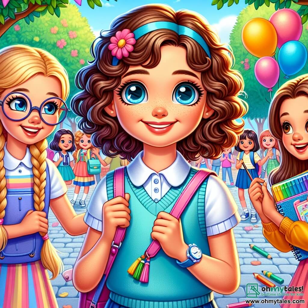 A 12-year-old girl, Mia, stands at the center of the image with curly brown hair and sparkling curious eyes. She wears a light blue school uniform, her wide smile lighting up her face, showing her excitement for the start of school. To her right, Grace, another 12-year-old girl with braided blonde hair and round glasses, encourages her with a big smile, holding a colorful backpack filled with school supplies. On the left, Lucy, a new friend of 12, has smooth brown hair and a shy expression, looking at Mia with admiration, holding a sketchbook. The setting is a lively schoolyard surrounded by tall trees with vibrant green leaves, with children playing and laughing in the background. Colorful balloons float in the air, adding a festive touch to the atmosphere. The main scene shows Mia and her friends getting ready for the first day of school, surrounded by a group of enthusiastic students sharing stories and laughter, capturing the excitement and anticipation of this new beginning.