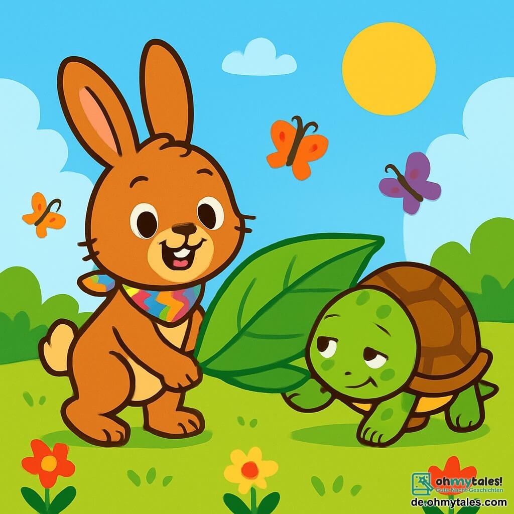 Ein kleiner Hase mit großen Ohren namens Sami ist fröhlich und lächelnd. Sein weiches, braunes Fell trägt ein buntes Halstuch. Er trägt ein großes grünes Blatt mit einem Freund. Neben ihm ist eine Schildkröte namens Timo, die mit ihrem glänzenden Panzer und schelmischen Augen müde, aber glücklich aussieht. Sie schiebt das Blatt sanft mit ihren Beinen. Die Szenerie ist eine grüne Wiese unter einem strahlend blauen Himmel, übersät mit bunten Blumen und flatternden Schmetterlingen. Sami und Timo arbeiten zusammen, um das Blatt zu Timos Haus zu bringen und teilen einen Moment der Freundschaft und Solidarität.