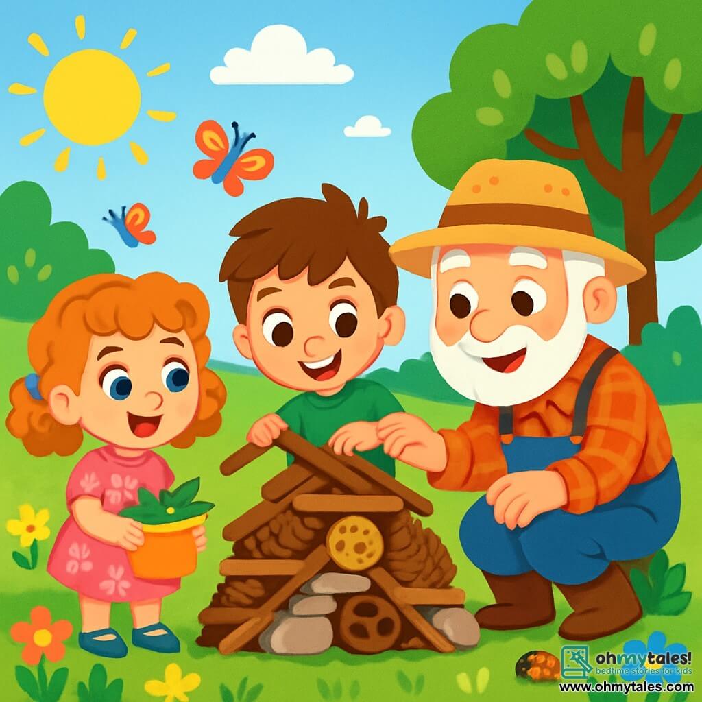 There are 3 characters: - Mia: a 5-year-old girl with sparkling blue eyes and bouncy curly hair. She wears a pink floral dress and stands on the left, smiling and holding a small bucket filled with leaves. - Max: a 5-year-old boy with a big smile and messy brown hair. He wears a green t-shirt and blue shorts. He is in the center, placing a branch in a small pile of materials to build the bug hotel. - Farmer Joe: an elderly man with a white beard and a straw hat. He wears a checkered shirt and jeans. He is on the right, crouching and showing the children how to assemble the bug hotel elements with a kind expression. The setting is a vibrant and colorful garden filled with bright flowers, fluttering butterflies, and lush trees. The sun shines in a clear blue sky, illuminating the garden and creating a joyful and welcoming atmosphere. The main scene shows Mia and Max, with Farmer Joe's help, building a bug hotel by stacking branches, leaves, and stones. The children are focused and happy, surrounded by the beauty of nature, while curious little creatures watch them.