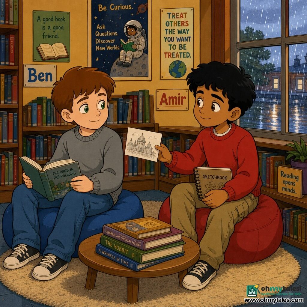 Two boys, about 10: Ben, fair-skinned with short brown hair and green eyes, wearing a gray sweater and jeans, sits left on a blue pouf by a large window holding an open book and looking right; Amir, Middle Eastern with brown skin and slightly curly black hair, wearing a red hoodie and khaki pants, sits right on a red pouf offering a small drawing to Ben with a shy smile. They are in a cozy school library corner with soft light, wooden shelves of books, a light wood coffee table between them, a wide rainy window, a beige rug and colorful posters; the moment is quiet and warm, Amir gives the drawing and Ben accepts, expressions of trust and tenderness, warm pastel palette, rounded lines, 90s childlike style focused on their shared glance.
