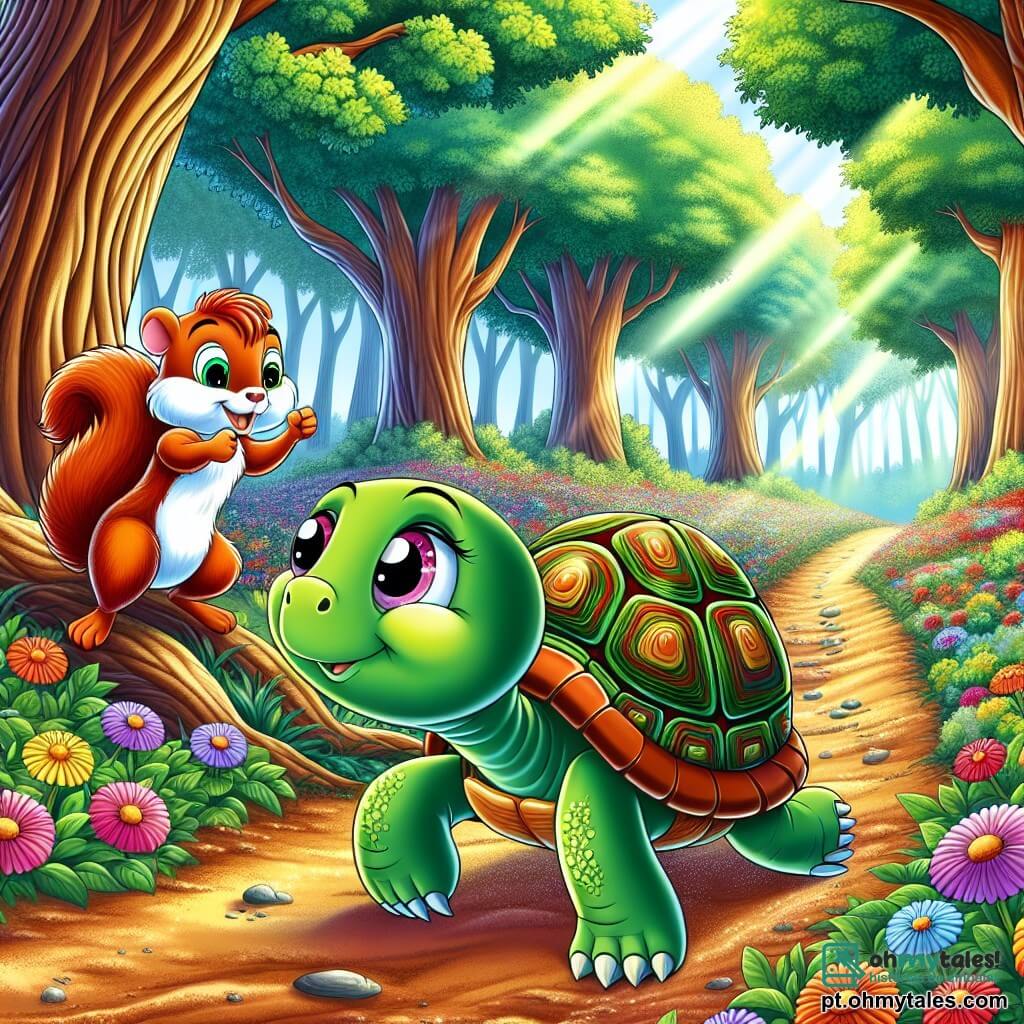 Uma pequena tartaruga chamada Tita, com uma carapaça verde brilhante e olhos curiosos, avança lentamente, mas com determinação, por um caminho de terra cercado de flores coloridas. Ela exibe uma expressão de coragem e concentração, pronta para enfrentar um desafio. Ao seu lado, um esquilo pequeno de pelos ruivos e olhos vivos, sorridente e cheio de energia, a incentiva enquanto salta alegremente em um galho baixo de uma árvore. O cenário é uma floresta encantada, onde árvores majestosas com troncos grossos se erguem, suas folhas brilhantes filtrando a luz do sol e criando padrões dançantes no chão. Flores silvestres de cores vibrantes enfeitam o caminho, e ao longe se ouve o suave murmúrio de um riacho. A cena principal mostra Tita, a tartaruga, atravessando o caminho, determinada a alcançar a linha de chegada da corrida, enquanto o esquilo a incentiva com entusiasmo, simbolizando a amizade e o apoio na aventura.