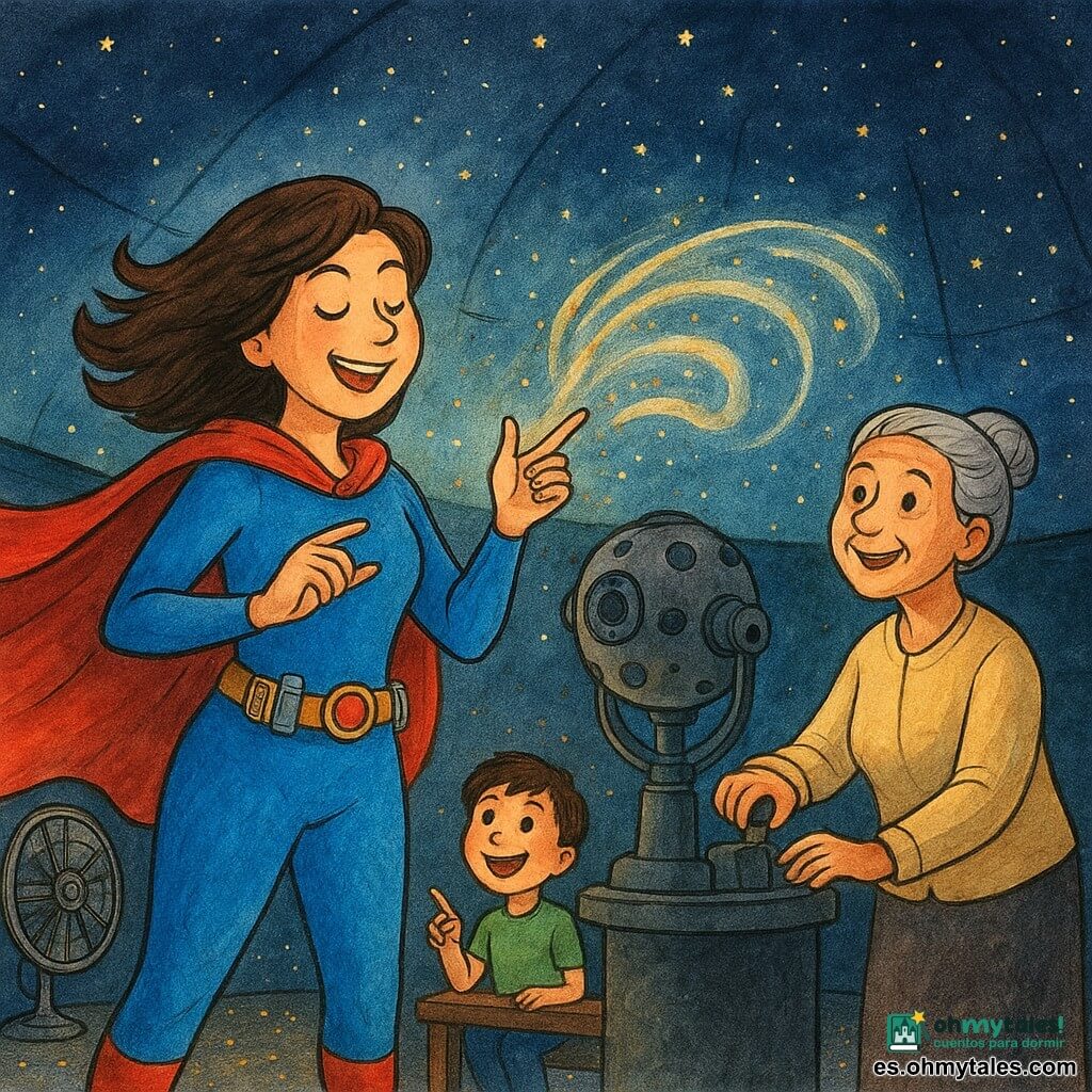 Valentina es una superheroína alegre y concentrada, cabello castaño al viento, capa roja y traje azul con cinturón de artilugios, chasquea los dedos y dirige una brisa; la señora Puri, mujer madura y aliviada, cabello gris recogido, enciende una pequeña lámpara junto al proyector; un niño de unos 7 años, pelo corto y ojos asombrados, sentado al fondo señala la cúpula estrellada; el planetario tiene un gran domo interior oscuro con miles de estrellas luminosas, proyector metálico central, confeti brillante en el suelo y un ventilador antiguo que gira; Valentina en primer plano, manos alzadas como directora, capa flotando, el ventilador crea una espiral de confeti que calma las estrellas traviesas; estilo: tinta colorida, contornos nítidos, colores saturados, texturas de papel visibles, luces suaves y reflejos brillantes; composición: plano medio con ligera contrapicada para mostrar la bóveda, expresiones y gestos claros.