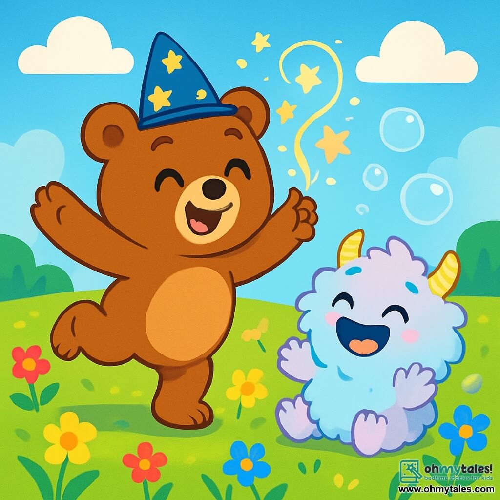 Benny, a brown bear with sparkling eyes and a joyful smile, is dancing in a field of colorful flowers, his paws raised enthusiastically. He wears a small magician's hat adorned with sparkling stars and seems amused by his own spells. Next to him, a Giggle Monster, a soft and fluffy pastel-colored creature with big round eyes and a bright smile, is laughing heartily, its fur fluff rising with each laugh. The setting is a sunny field filled with multicolored flowers swaying in the breeze, under a bright blue sky dotted with fluffy clouds. The main scene shows Benny trying to master his magic, casting spells while laughing, as the Giggle Monster laughs so hard that joy bubbles rise around them, adding a touch of magic and lightness to the scene.
