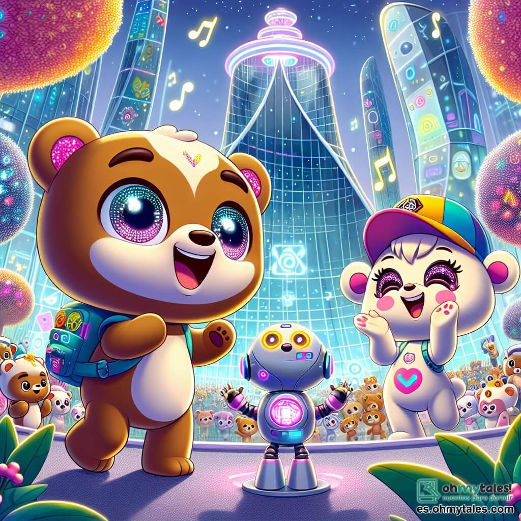 Bruno, un pequeño oso marrón con ojos brillantes de curiosidad, está en el centro de la escena, sonriendo con entusiasmo mientras observa un robot que baila a sus pies. Lleva una mochila colorida llena de gadgets futuristas. A su lado, Lila, una osita de pelaje crema con manchas rosas, aplaude alegremente, con los ojos brillantes de emoción, mientras lleva una gorra de campamento con un logo colorido. El decorado es un parque futurista de Osotrópolis, donde los árboles tienen hojas brillantes y flores que emiten notas musicales. Al fondo, edificios de vidrio con formas extrañas se elevan hacia el cielo, iluminados por luces brillantes y hologramas flotantes. La situación principal muestra a Bruno y Lila divirtiéndose juntos, maravillados por la tecnología mágica que los rodea, simbolizando el espíritu de aventura y aprendizaje en esta ciudad futurista.