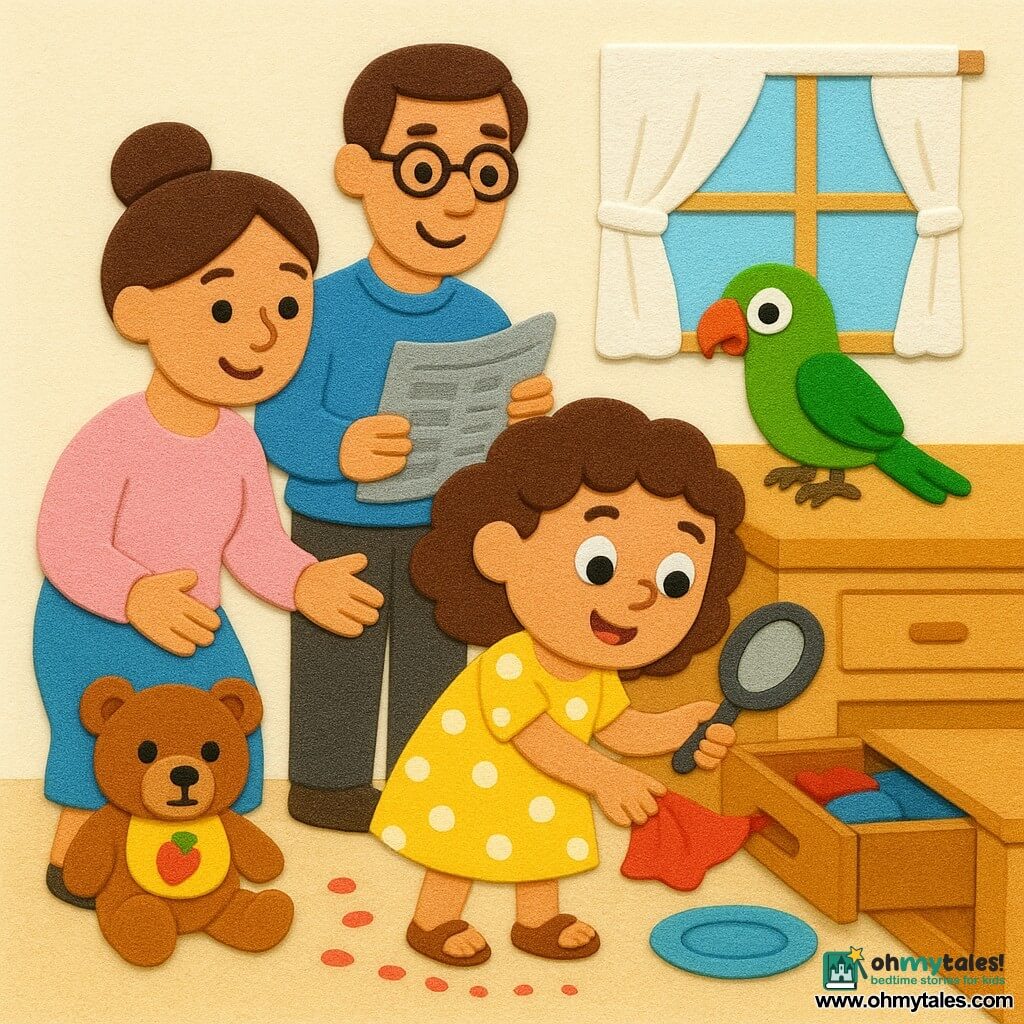 A 4-year-old girl, enthusiastic and focused, round face, brown curly hair, wide eyes, wearing a yellow polka-dot dress and small sandals, holding a plastic magnifying glass and lifting a corner of a cloth in an open wooden drawer; a gentle, reassuring mother (around 30) with a bun and pastel shirt kneeling to the left, hands ready to help and a calm smile; an amused father (around 35) with glasses and a blue sweater standing behind them slightly to the right holding a folded newspaper with a proud look; a bright green parrot named Pickles perched on the counter edge near the drawer with a small red piece on its beak and shiny feathers tilting its head; a brown teddy bear with a yellow bib stained pink (strawberry stain) on the countertop; a warm, bright kitchen with a light wood table and an empty blue plate, a trail of small red juice dots on the tiled floor, a drawer showing napkins and a red cloth underneath, a window with a white curtain—scene: the little detective has just found hidden strawberries in the drawer, triumphant and focused, with the juice trail, magnifying glass, a small folded paper notebook, and the family gathered around, soft atmosphere, bright colors, simple shapes, and crisp EVA-foam-sticker-like contours.
