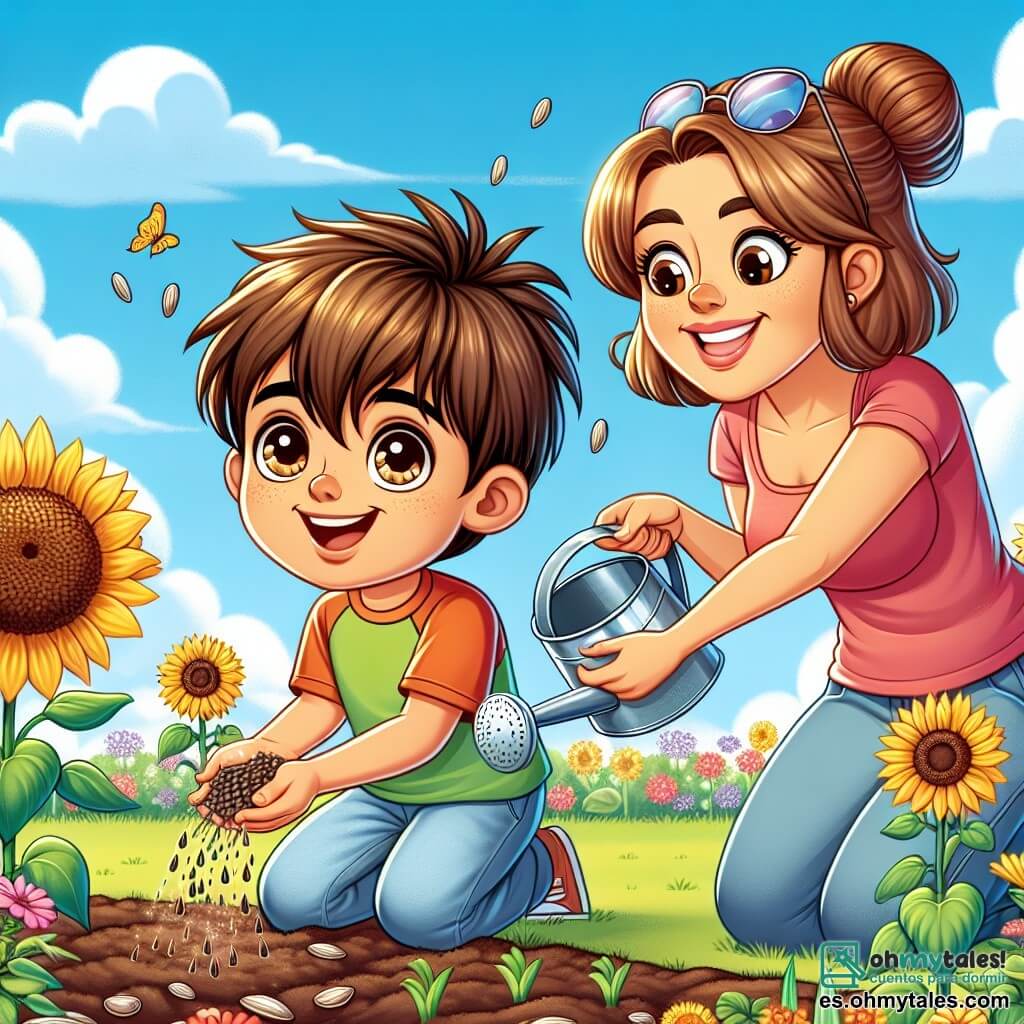 Un niño de 7 años, llamado Pablo, con el pelo castaño alborotado y grandes ojos llenos de curiosidad, está en el centro de la imagen, sonriendo con entusiasmo mientras planta semillas de girasol en un jardín soleado. A su lado, su madre, una mujer de unos treinta años con el pelo castaño recogido en un moño, lleva una camiseta colorida y gafas de sol, lo anima con una sonrisa cálida, sosteniendo una regadera en sus manos. Al fondo, se puede ver un jardín verde, lleno de flores coloridas y plantas en crecimiento, bajo un cielo azul claro con algunas nubes blancas esponjosas. La escena representa el momento alegre en que Pablo y su madre se preparan para hacer crecer sus girasoles, simbolizando la aparición de la vida y la magia de la primavera.