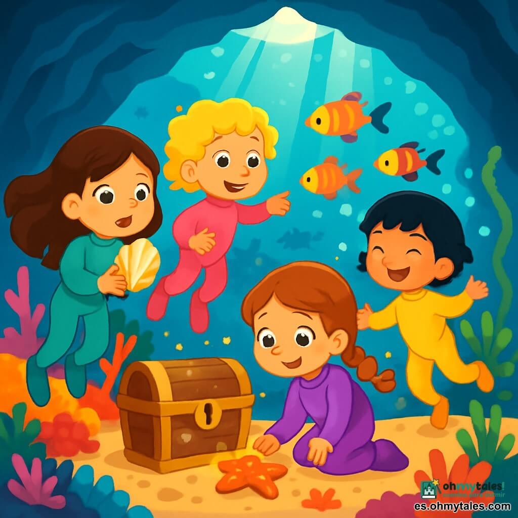Hay 4 niños: - Luna: una niña de 6 años con largos cabellos castaños, que lleva un traje de buceo turquesa y sostiene una concha brillante, con los ojos abiertos de asombro. - Maia: una niña de 6 años con rizos rubios y una sonrisa radiante, vestida con un traje de buceo rosa, nada junto a Luna, señalando un banco de peces coloridos. - Coral: una niña de 6 años con trenzas pelirrojas, lleva un traje de buceo violeta, agachada en la arena, observando una estrella de mar brillante. - Sira: una niña de 6 años con cabello negro corto, vestida con un traje de buceo amarillo, baila alegremente entre las algas, rodeada de burbujas de aire. El lugar es una hermosa cueva submarina iluminada por rayos de luz que filtran a través del agua clara, con corales multicolores en el suelo y peces de colores nadando alrededor de los niños, creando una atmósfera mágica. La escena principal muestra a los cuatro niños descubriendo un cofre antiguo en el centro de la cueva, rodeado de luces brillantes y criaturas marinas curiosas, mientras se preparan para abrir el cofre y revelar su tesoro escondido.