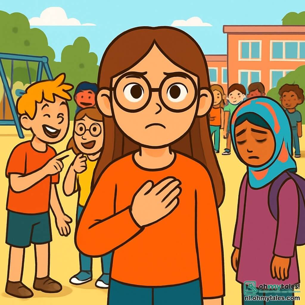 Een 12-jarig meisje, Emma, met lange bruine haren en ronde bril, staat in het midden van het schoolplein. Ze heeft een vastberaden maar bezorgde blik, met licht gefronste wenkbrauwen en een hand op haar hart, alsof ze haar moed verzamelt. Rechts van haar staat Fatima, een ander 12-jarig meisje met zwart haar en een kleurrijke sjaal, iets op de achtergrond, met een treurig gezicht en neergeslagen ogen, met een paarse rugzak. Links lacht Tim, een 12-jarige jongen met messy blond haar en een rode t-shirt, samen met Sophie, een 12-jarig meisje met kastanjebruin haar en een bril, die Fatima bespotten. Ze worden omringd door andere leerlingen die kijken, sommigen geamuseerd, anderen onverschillig. Het schoolplein is vol levendige kleuren, met schommels en groene bomen, maar de sfeer is gespannen. Emma is vastbesloten om in te grijpen en Fatima te verdedigen, vastbesloten om een einde te maken aan de pesterijen.