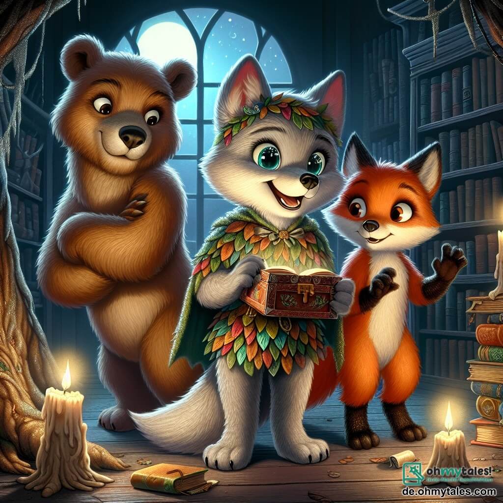 Felix, ein junger Wolf mit funkelnden Augen und weichem, seidig glänzendem Fell, trägt ein wunderschönes Kostüm aus bunten Blättern und glitzerndem Moos. Er steht mit aufgerichteten Ohren und einem breiten Lächeln im Gesicht, voller Aufregung, als er in der Bibliothek eine alte Schatztruhe entdeckt. An seiner Seite beobachtet Luna, eine schlaue Füchsin mit leuchtend rotem Fell und schelmischen Augen, aufmerksam den Inhalt der Truhe, ihr Gesichtsausdruck voller Neugier und Staunen. Max, ein großer, freundlicher Braunbär, steht etwas im Hintergrund mit verschränkten Armen und einem stolzen Lächeln, während er sieht, wie seine Freunde den Schatz entdecken. Die Szene spielt in einer geheimnisvollen Bibliothek, gefüllt mit alten, staubigen Büchern, flackernden Kerzenleuchtern, die tanzende Schatten werfen, und Spinnweben, die die dunklen Ecken schmücken. Mondstrahlen dringen durch die Fenster und beleuchten den alten Holzboden. Die Hauptsituation zeigt Felix und seine Freunde, die den versteckten Schatz entdecken, eine alte Truhe voller geheimnisvoller Karten, während sie in einer geheimen Ecke der Bibliothek stehen, umgeben von einer magischen, verzaubernden Atmosphäre, voller Versprechungen kommender Abenteuer.