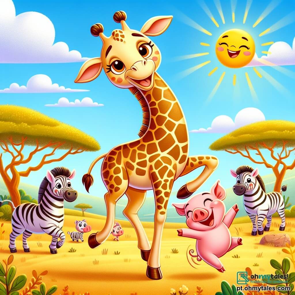 Uma girafa chamada Gigi, com um longo pescoço elegante e manchas douradas na pelagem, dança alegremente no meio de uma savana ensolarada, seu rosto irradiando felicidade e determinação. Ao seu lado, um pequeno porquinho-da-terra, chamado Branquinho, com pelagem rosa e olhos brilhantes, pula de alegria imitando os movimentos de Gigi, enquanto uma zebra de listras pretas e brancas, Zizi, os observa com um sorriso admirativo. Ao fundo, a savana é salpicada de árvores verdes e colinas douradas, sob um céu azul claro com nuvens brancas fofas. A cena representa Gigi e Branquinho dançando juntos, cercados por animais que os incentivam, criando uma atmosfera de festa e camaradagem.