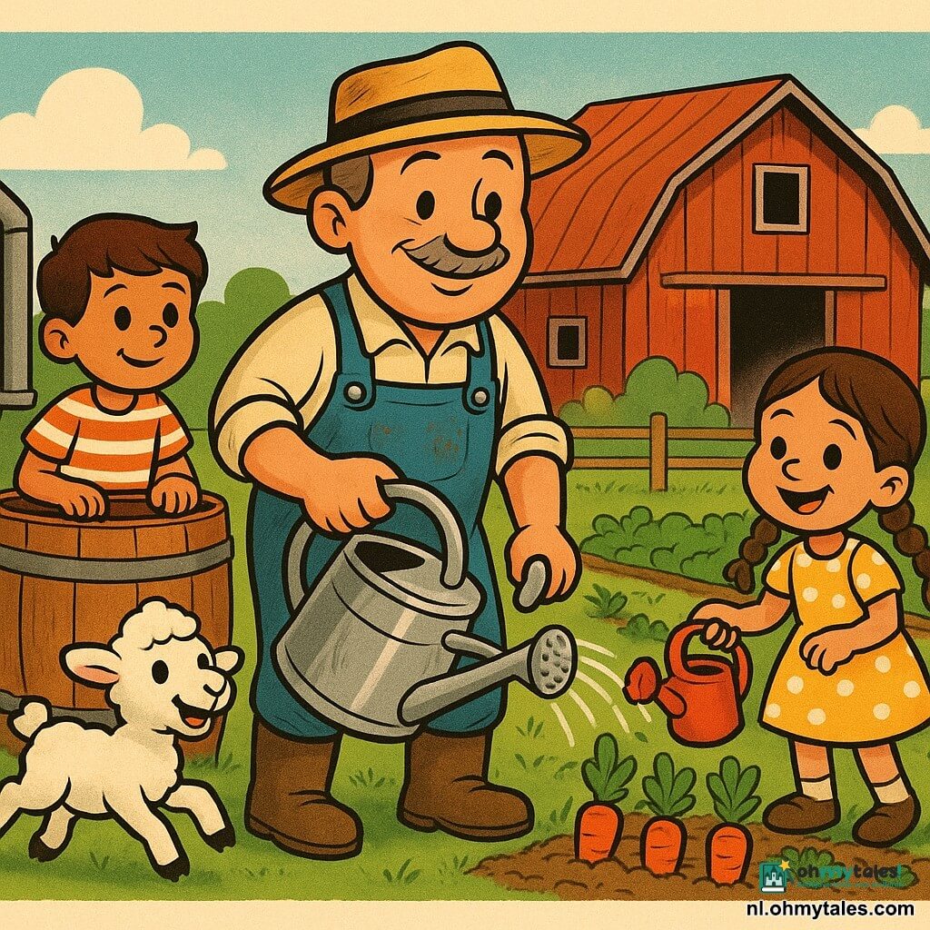Een ongeveer 50-jarige boer, rond gezicht, dunne grijze snor, met vuile denim tuinbroek en vriendelijke glimlach, houdt een grote glanzende metalen gieter en buigt iets voor om de kinderen te laten zien hoe ze water geven; links van de boer staat Tom, ongeveer 7 jaar, kort kastanjebruin haar, gestreept T-shirt, nieuwsgierig met handen op de rand van een grote houten regenwatertonnen; rechts een meisje van ongeveer 6 jaar met twee bruine vlechten, gele jurk met witte stippen, lachend en met een kleine rode plastic gieter terwijl ze een rij wortels water geeft; een wollig wit lam huppelt vrolijk in het groene gras naar een klein houten hok op de achtergrond; de scène speelt zich af voor een oude rode schuur met zinken dak, een zandpad, nette groentebedden, een grote ton onder een dakgoot en wat hooibalen; hoofdactie: de kinderen helpen de boer de moestuin met regenwater te besproeien op een zonnige dag, warme levendige sfeer, compositie gericht op samenhelpen en het spelende lam; grafische stijl: verzadigde kleuren, dikke zwarte contouren, elastische verhoudingen, eenvoudige silhouetten, zachte schaduwen en lichte korreltextuur voor een retro schetsuitstraling.
