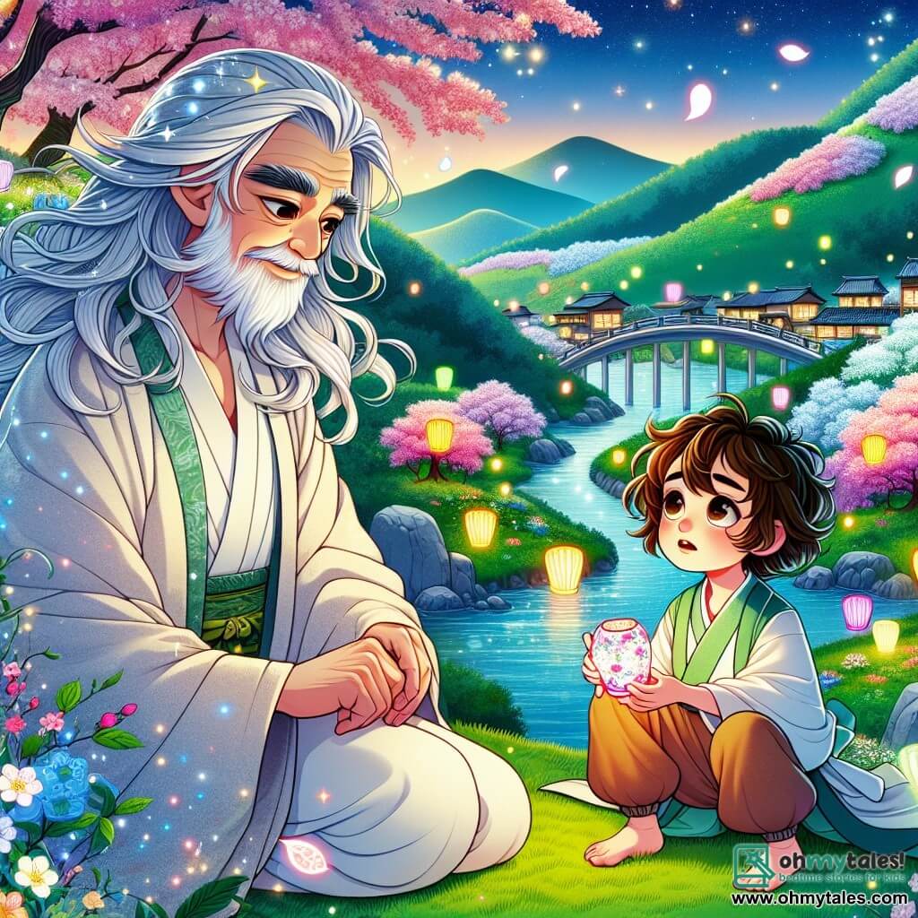 Hoshinari, a man with a gentle and kind face, has silver hair that shines like stars. He wears a flowing robe in vibrant seasonal colors, and his gaze is filled with curiosity and determination. He stands on a green hill, observing the village below. Beside him, an eight-year-old girl with curly brown hair holds a colorful paper lantern. She looks worried, her eyes sparkling with tears as she searches for her precious treasure. Sitting on a rock with crossed legs, she gazes at Hoshinari with hope. The scene is enchanting, with cherry blossom trees and pink petals swirling in the air, and a sparkling stream winding through the valley. Colorful lanterns float along the banks, illuminating the twilight. The main focus shows Hoshinari, the light breeze gently lifting his clothes, ready to help the girl find her lost lantern, while mysterious shadows loom in the nearby bamboo forest.