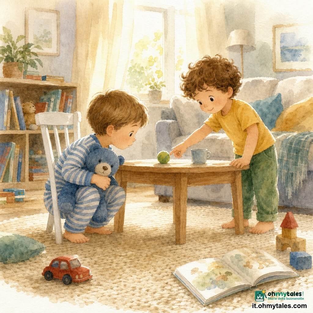 Ci sono due bambini: Leo, circa 4 anni, capelli castano chiaro corti, viso rotondo, in pigiama a righe blu e bianco con un grande orsacchiotto blu sotto il braccio, accovacciato a sinistra vicino a una sedia che guarda il tavolo; Tommi, circa 4 anni, capelli ricci castani, naso piccolo e sorriso, in maglietta gialla e pantaloni verdi, in piedi a destra del tavolo a mano tesa verso una piccola palla verde. Luogo: una stanza giorno-living luminosa con grande tappeto crema, tavolino in legno chiaro al centro, sedia bianca, libreria bassa a sinistra, divano sullo sfondo e tende leggere che lasciano passare una calda luce mattutina. Situazione: i due piccoli detective trovano l’ultima pallina verde sul tavolo; mani che si avvicinano alla palla, volti gioiosi, giocattoli sparsi (una macchinina rossa sul tappeto, un libro aperto), colori morbidi e effetto acquerello, atmosfera tenera e curiosa.