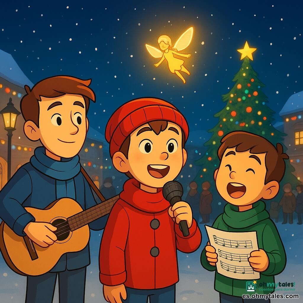 Hay 3 personajes: - Lucas, un niño de 10 años, tiene ojos brillantes y mejillas rosadas, lleva un gorro rojo y está de pie en el centro, sosteniendo un micrófono. - Tomás, un niño alto y delgado de 10 años, con una bufanda azul alrededor del cuello, está a la izquierda de Lucas, tocando la guitarra. - Martín, un niño de 10 años, más pequeño pero con una voz fuerte, está a la derecha de Lucas, sosteniendo una partitura. El lugar es una plaza de pueblo nevada, iluminada por guirnaldas de colores y farolas antiguas. Un gran árbol de Navidad decorado se alza en el fondo, rodeado de familias abrigadas con chaquetas cálidas. La situación principal muestra a los tres niños formando un pequeño coro de Navidad, cantando con entusiasmo bajo un cielo estrellado. Los copos de nieve caen suavemente a su alrededor, añadiendo un toque mágico a la escena. Un hada luminosa, apenas visible para los espectadores, vuela sobre ellos, esparciendo un resplandor dorado.