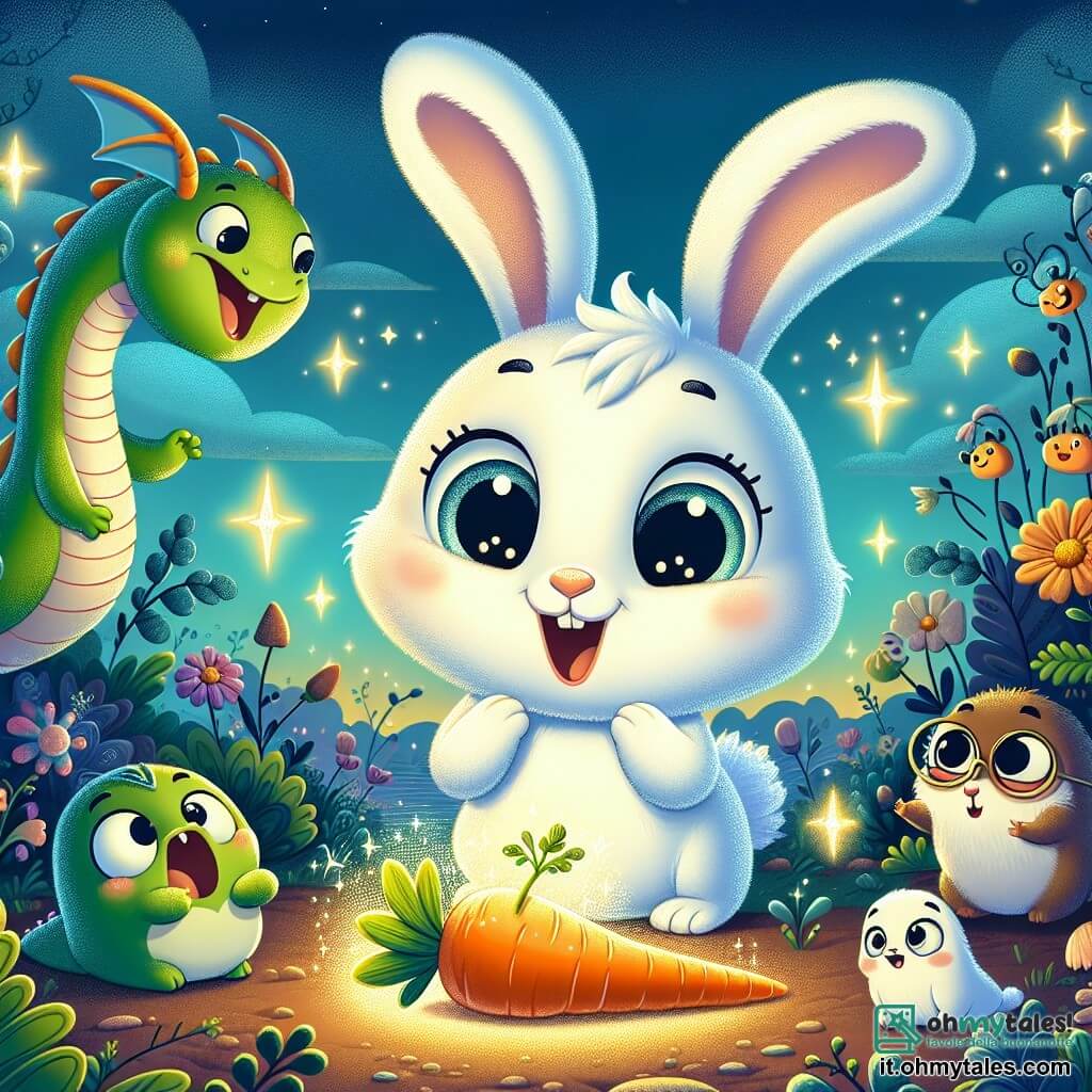 Un adorabile coniglio con una pelliccia bianca splendente e grandi orecchie, con un'espressione di sorpresa, si trova al centro dell'immagine, guardando una carota magica scintillante. A sinistra, un piccolo drago verde con squame brillanti e un sorriso malizioso sembra pronto a volare, mentre a destra una talpa esuberante con occhiali rotondi scava nel terreno, circondata da fiori colorati. Sullo sfondo, un giardino fantastico pieno di piante parlanti e fiori cantanti, sotto un cielo blu che cambia colore, crea un'atmosfera magica. La scena cattura il momento in cui il coniglio scopre la carota magica, illuminata da una luce dorata, mentre i suoi amici lo circondano, pronti per una nuova avventura.
