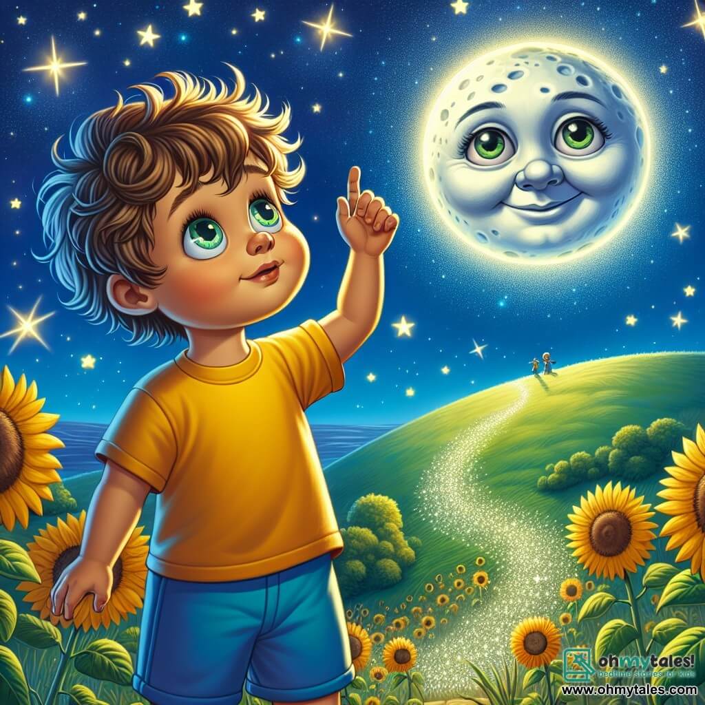 A 4-year-old boy named Leo, with bright eyes and curly hair, stands on a green hill, his face lit with wonder. He wears a bright yellow t-shirt and blue shorts, raising one hand towards the starry sky as if he wants to touch the stars. Next to him, the Old Moon, a soft, round figure with a smiling face and sparkling eyes, floats in the night sky, casting a silver light that illuminates the shimmering path. The peaceful hill is surrounded by golden sunflower fields swaying gently in the night breeze, with a sky filled with twinkling stars and a bright full moon. The main scene shows Leo, in awe, ready to follow the starry path ahead, seeking to discover the meaning of happiness under the watchful gaze of the Old Moon.