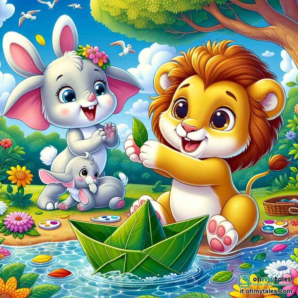 Il piccolo Leo, un leoncino dai peli dorati e dagli occhi curiosi, è seduto su un tappeto di fiori colorati, con un sorriso radioso sul volto, mentre tiene una barchetta di carta che ha appena realizzato. Accanto a lui, Lily, una coniglietta dalle grandi orecchie e dal pelo bianco, salta di gioia, i suoi occhi brillanti di eccitazione, osservando la barchetta galleggiare in un ruscello scintillante. Eli, un giovane elefante con una pelle grigia morbida e guance rosa, si trova un po' indietro, ridendo e applaudendo, mentre tiene una tavolozza di colori. La scena si svolge accanto a un ruscello limpido, circondato da alberi maestosi con foglie verdi brillanti, sotto un cielo blu punteggiato di nuvole bianche e soffici. Leo e i suoi amici celebrano la loro creatività e amicizia, godendo della bellezza della natura mentre si divertono insieme, lontano dagli schermi.