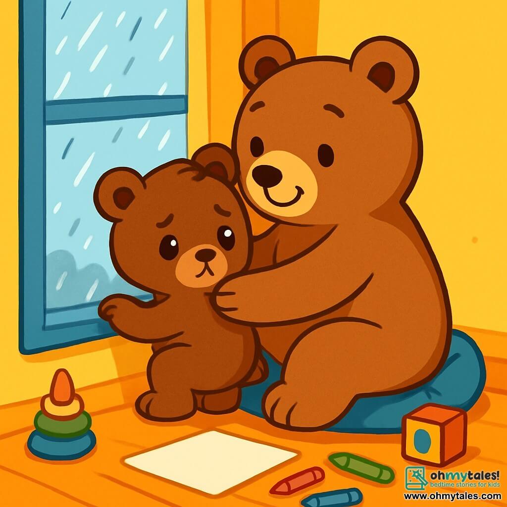 A small brown bear with round, bright eyes stands by a window, looking sad as he watches raindrops slide down the glass, his little paws resting on the sill. Next to him, a large, gentle bear with silky fur and a comforting smile gives him a warm hug. She appears loving and attentive, sitting on a soft cushion. The room is filled with bright colors, featuring yellow walls and toys scattered on the floor. Outside, a gray, rainy sky contrasts with the warmth inside. The bear cub and his mom share a tender moment, surrounded by colored pencils and white sheets, ready to paint and comfort each other.