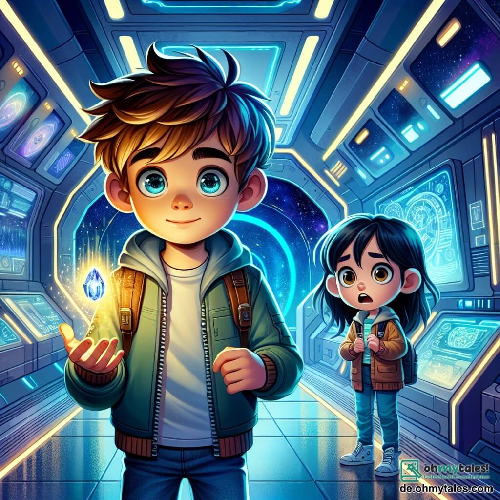 Ein 12-jähriger Junge, Lukas, mit zerzausten braunen Haaren und neugierigen Augen, steht in einem futuristischen Korridor der Raumstation. Sein Gesicht zeigt eine Mischung aus Überraschung und Aufregung, während er einen kleinen leuchtenden Kristall in der Hand hält. Neben ihm schaut seine beste Freundin Aylin, ein 12-jähriges Mädchen mit langen schwarzen Haaren, mit weit aufgerissenen Augen und zusammengezogenen Augenbrauen auf den Kristall. Der Korridor ist mit silbernen Paneelen und blinkenden blauen Lichtern dekoriert, mit Fenstern, die auf die sternenreiche Weite des Kosmos blicken. Holographische Bildschirme zeigen wissenschaftliche Daten und Bilder ferner Sterne. Die Hauptsituation zeigt Lukas und Aylin, die den geheimnisvollen Kristall entdecken, der ein sanftes Licht ausstrahlt und von einer Aura des Geheimnisses umgeben ist. Seltsame Symbole schweben um sie herum und deuten auf eine extraterrestrische Botschaft hin, während eine Atmosphäre von Abenteuer und Neugier die Luft erfüllt.