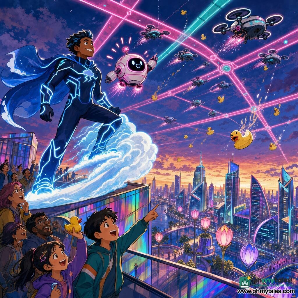 Neon Nimbus, a smiling determined man with warm brown skin in a midnight-blue suit with pale blue electric lines and a small floating cape, stands semi-profile on a skyscraper roof shaping a pale blue-white cloud ramp beneath his boots while looking skyward; his round cheerful assistant robot POM-POM, white with neon-pink accents, hovers at his left sparking and alerting the crowd below on a glass terrace—including a ~9-year-old girl waving a yellow rubber duck and a ~10-year-old boy pointing up—overlooking rainbow-reflective towers of Starbridge City with tulip-shaped streetlights and the Sky-Grid: pink-and-turquoise lightways where drones trace sparks and drop rubber ducks; chaotic but playful urban sky, drones circling and dropping ducks, and Neon Nimbus creates a luminous cloud ramp to intercept them, dynamic scene, vivid colors and strong neon-twilight contrast.