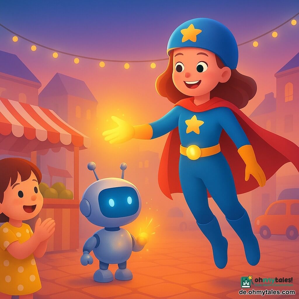 Eine fröhliche, selbstbewusste Superheldin mit rotem Umhang, blauen Stiefeln, Helm mit Stern und Gürtel mit kleinen Leuchtkernen schwebt leicht über einem städtischen Marktplatz bei Dämmerung und reicht mit der rechten Hand warme, goldene Lichtenergie an einen kleinen, runden Roboter namens Piep aus poliertem Silber mit blauem Displaygesicht und sichtbaren Motoren und Antennen, während ein etwa fünfjähriges Mädchen mit kurzem braunem Haar und gelbem Pünktchenkleid links neben einem rot-weiß gestreiften Marktstand applaudiert; die Szene ist warm, hell und voller sanfter Bewegung, mit orangefarbenen Pflastersteinen, pastellfarbenen Häusern, Lichterketten und einigen stilisierten Autos.