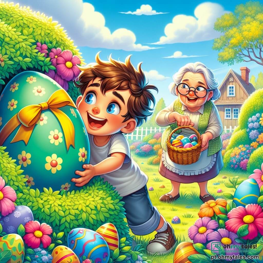 Um menino de 8 anos, chamado Pedro, com cabelos castanhos bagunçados e olhos brilhantes de curiosidade, se inclina com um grande sorriso maravilhado para um ovo de Páscoa colorido, nas tonalidades vivas de verde e azul, decorado com um bonito laço amarelo. Ao seu lado, sua avó, uma mulher doce de 65 anos, com cabelos grisalhos e óculos redondos, observa com um ar divertido, segurando uma cesta cheia de ovos pintados. A cena acontece em um jardim ensolarado da fazenda, cercado por flores vibrantes e grandes árvores, com um céu azul claro salpicado de algumas nuvens brancas e fofas. No centro, um arbusto espesso esconde um ovo gigante, criando uma atmosfera de mistério e aventura. Pedro, cheio de excitação, descobre o ovo mágico e lê o bilhete misterioso, pronto para começar uma caça ao tesouro cheia de surpresas.