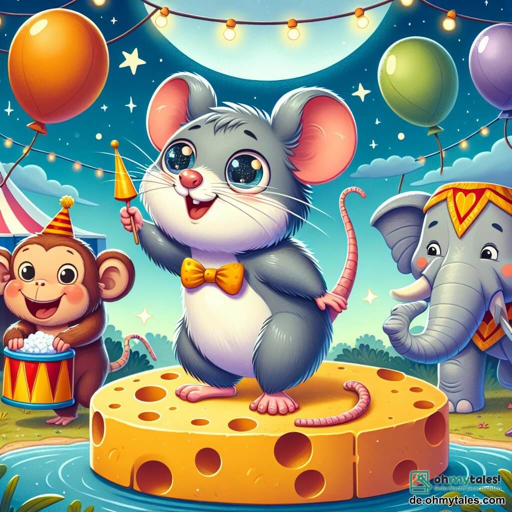 Ein kleiner Ratte namens Rudi, mit grauem Fell und funkelnden Augen, steht auf einem Käsefass und lächelt breit. Er trägt einen kleinen roten Papierpfeil um den Hals, und seine Schnurrhaare zittern vor Aufregung. Neben ihm lacht ein fröhlicher Affe namens Max, mit braunem Fell und einer großen Banane in der Hand, während er mit Kokosnüssen jongliert. Im Hintergrund spritzt eine Elefantin namens Olga, mit grauer Haut und großen Ohren, lachend Wasser, was eine fröhliche Szene schafft. Der Ort ist eine weite Zoo-Wiese, beleuchtet vom Mond, mit funkelnden Sternen darüber und Tiergehegen im Hintergrund. Die Hauptsituation zeigt Rudi und seine Freunde, die eine Zirkusaufführung proben, mit bunten Ballons, die in der Luft schweben, und Lachen, das um sie herum hallt.
