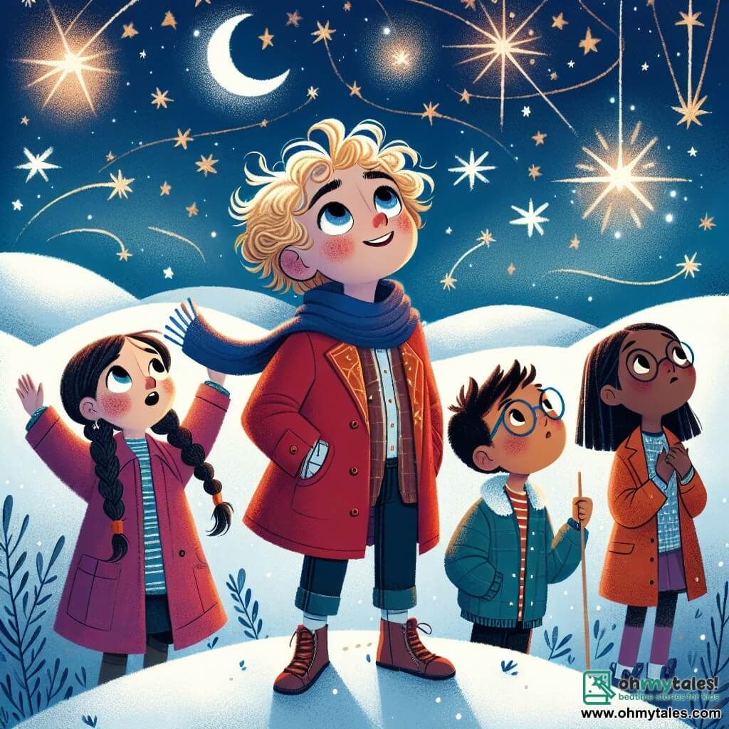 A 12-year-old boy, Oliver, with curly golden hair and sparkling curious eyes, stands atop a snowy hill, smiling as he gazes at the starry sky. He wears a bright red coat and a blue scarf that flutters slightly in the wind. Beside him is his best friend Lily, an 11-year-old girl with braided brown hair and rosy cheeks, raising her arms in wonder at the beauty of the stars. A little further back, Milo, a 12-year-old boy with round glasses and a denim jacket, holds a sparkling lantern, while Mia, an 11-year-old girl with glasses and straight hair, studies a star map with a focused expression. The sky is filled with bright stars, and the snow sparkles under the moonlight, creating a magical atmosphere. At the bottom of the hill, colorful lights from the city preparing for New Year's Eve can be seen, with fireworks starting to burst. The main scene shows Oliver and his friends discovering a mysterious lantern that leads them on a magical adventure to celebrate the New Year.