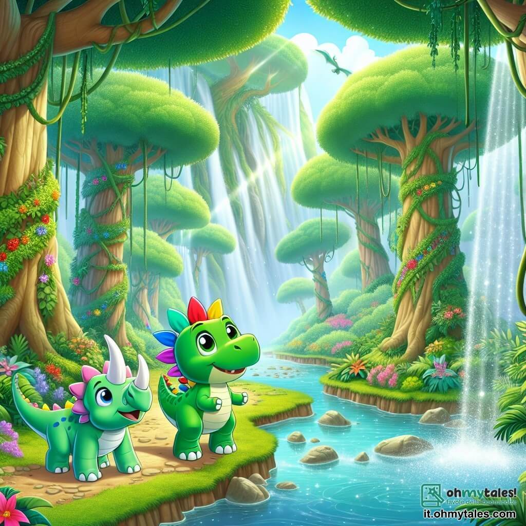 Un giovane stegosauro di nome Stego, con una pelle verde brillante e spine colorate sulla schiena, esprime grande curiosità e gioia mentre esplora la giungla. Si trova vicino a un ruscello scintillante, i suoi occhi brillano di eccitazione. Accanto a lui, Trixie, un triceratopo con corna bianche e una cresta rosa, sorride e guarda Stego con entusiasmo, pronta a unirsi a lui nell'avventura. Il paesaggio è una giungla lussureggiante, piena di alberi giganti, fiori vivaci e liane pendenti, mentre una cascata d'acqua chiara scorre sullo sfondo, creando un arcobaleno. Stego e Trixie scoprono un luogo segreto dietro la cascata, meravigliandosi della bellezza magica del loro nuovo ambiente, pronti a vivere avventure indimenticabili insieme.