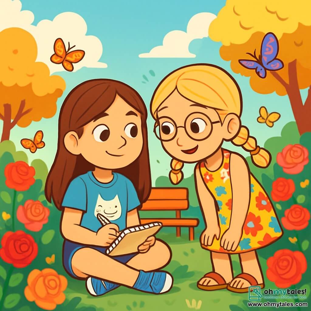 There are two main characters: Olivia, a 10-year-old girl with long brown hair, sparkling eyes, and a sweet smile, wearing a blue t-shirt with a cat design and denim shorts, sitting cross-legged on the grass holding a small notebook; and Mia, also 10, with braided blonde hair, bright green eyes, and round glasses, dressed in a colorful floral dress and sandals, leaning forward next to Olivia with a curious look, ready to listen. The setting is a sunny garden filled with vibrant roses ranging from deep red to delicate pink, with a small wooden bench surrounded by flowers and golden-leaved trees, creating a peaceful and warm atmosphere. The scene shows Olivia and Mia sitting together in the garden, sharing memories of Nana Rose. Olivia writes a letter in her notebook while Mia listens attentively, a gentle smile on her face, as colorful butterflies flutter around them, adding a touch of magic to this moment of tenderness and remembrance.