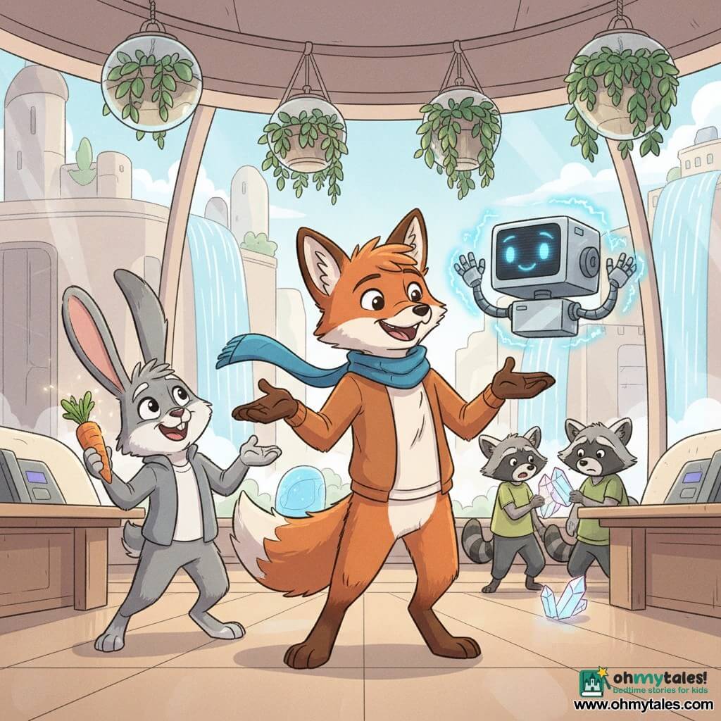 Finley, an anthropomorphic red fox with a blue scarf, smiling and curious, stands center reaching out and speaking enthusiastically; Gesto, a small silver cubic robot with blue LED eyes, floats at shoulder height translating gestures; a gray bunny to Finley’s left, happy and mischievous, shows a shiny carrot while playful raccoons in the background collect glowing crystals. The scene is a futuristic urban council chamber with glass walls, rooftop waterfalls visible, hanging plants, light wood and polished metal furniture and pastel neon lights; it’s a lively, warm, collaborative meeting where everyone understands each other thanks to the translator, with vivid colors, soft rounded composition, readable expressions and dynamic poses.