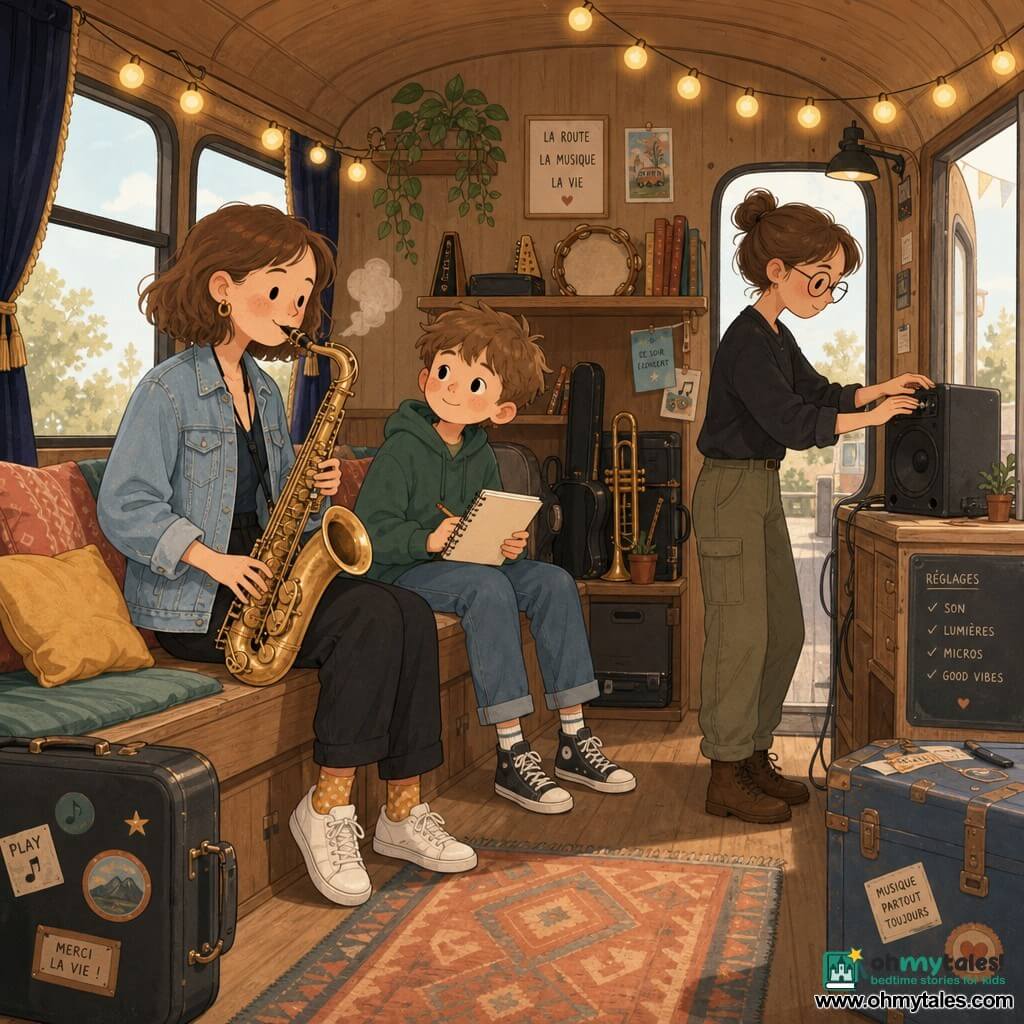 A smiling, focused female musician with short chestnut hair and a light denim jacket plays a tenor saxophone seated on a wooden bench inside an old bus converted into a rolling studio, visible breath like a light cloud; an about 11-year-old boy with curious eyes and a notebook, legs dangling on the same bench, watches her with admiration and a small smile, lit by warm string lights; a female sound technician near the bus door in practical clothes and round glasses adjusts a small black speaker on a table; the interior shows warm wood, colorful cushions, dark velvet curtains, instruments on a shelf and soft intimate light — a calm, warm rehearsal before a show as the musician sustains a long golden note while the boy observes and the technician tweaks the sound.